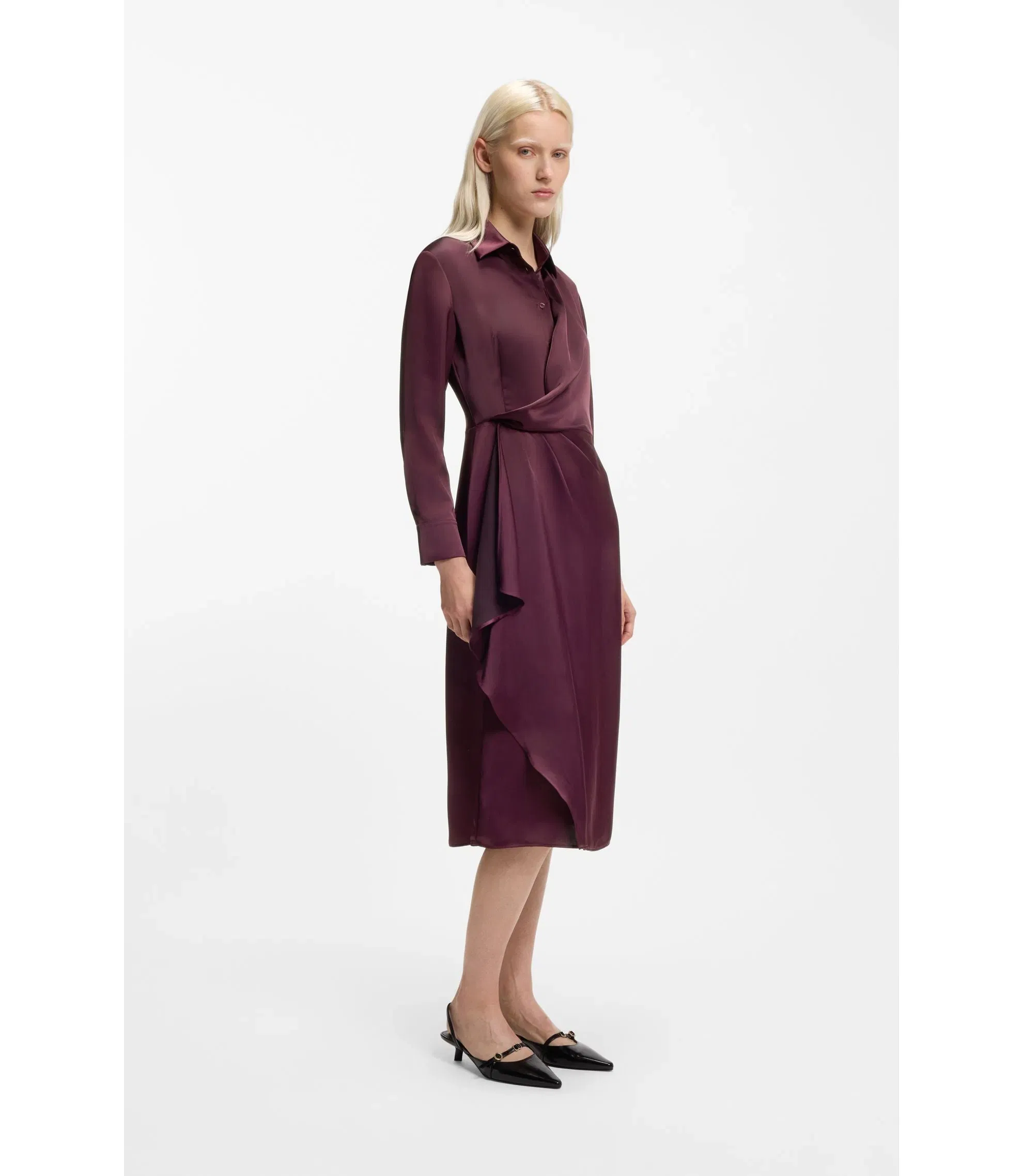 Hugo Drape Detail Midi Dress In Satin Dark Purple Women's