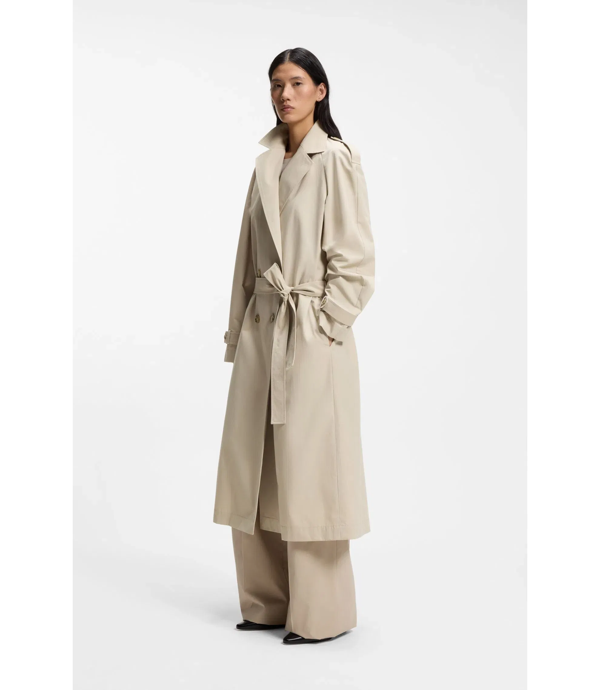 Boss Double Breasted Trench Coat With Low Waist Belt Light Beige Women's
