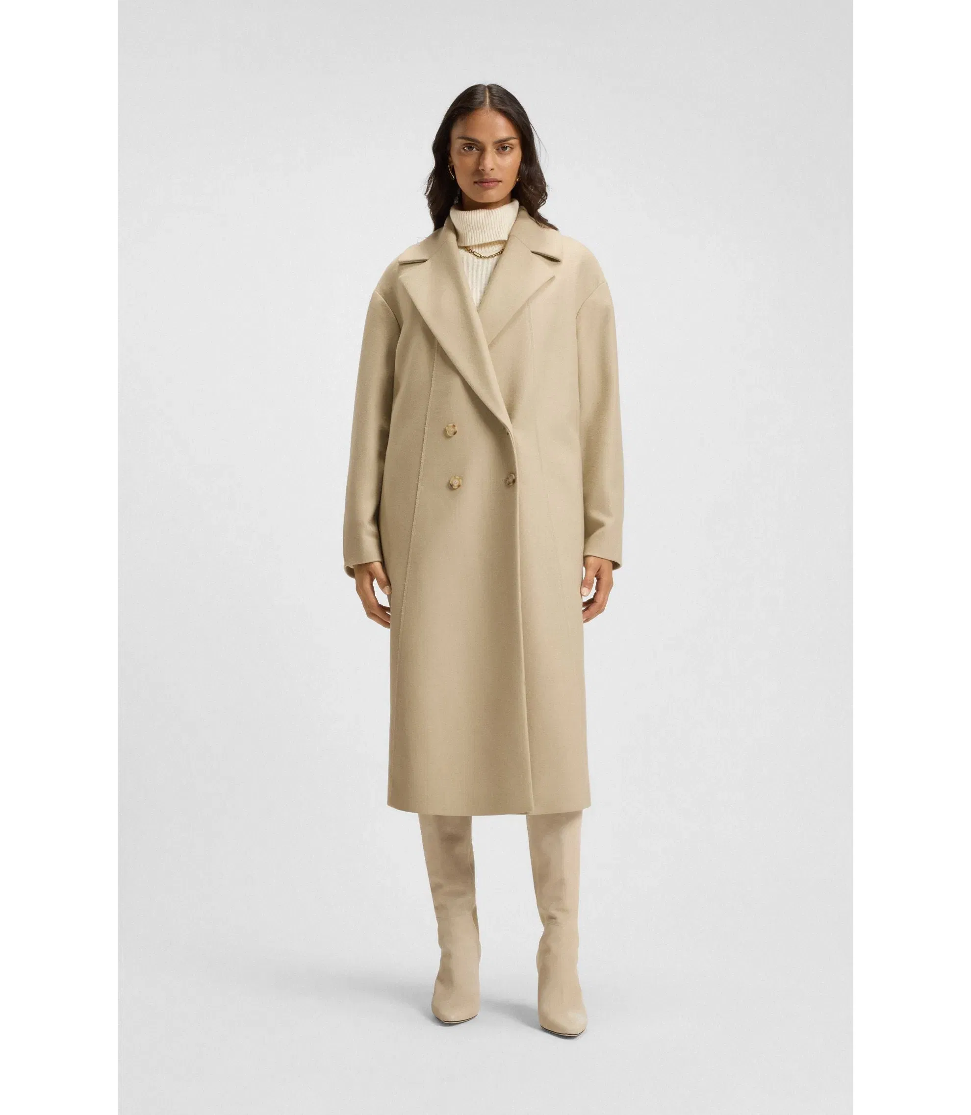 Boss Double Breasted Coat In Virgin Wool And Cashmere Light Beige Women's