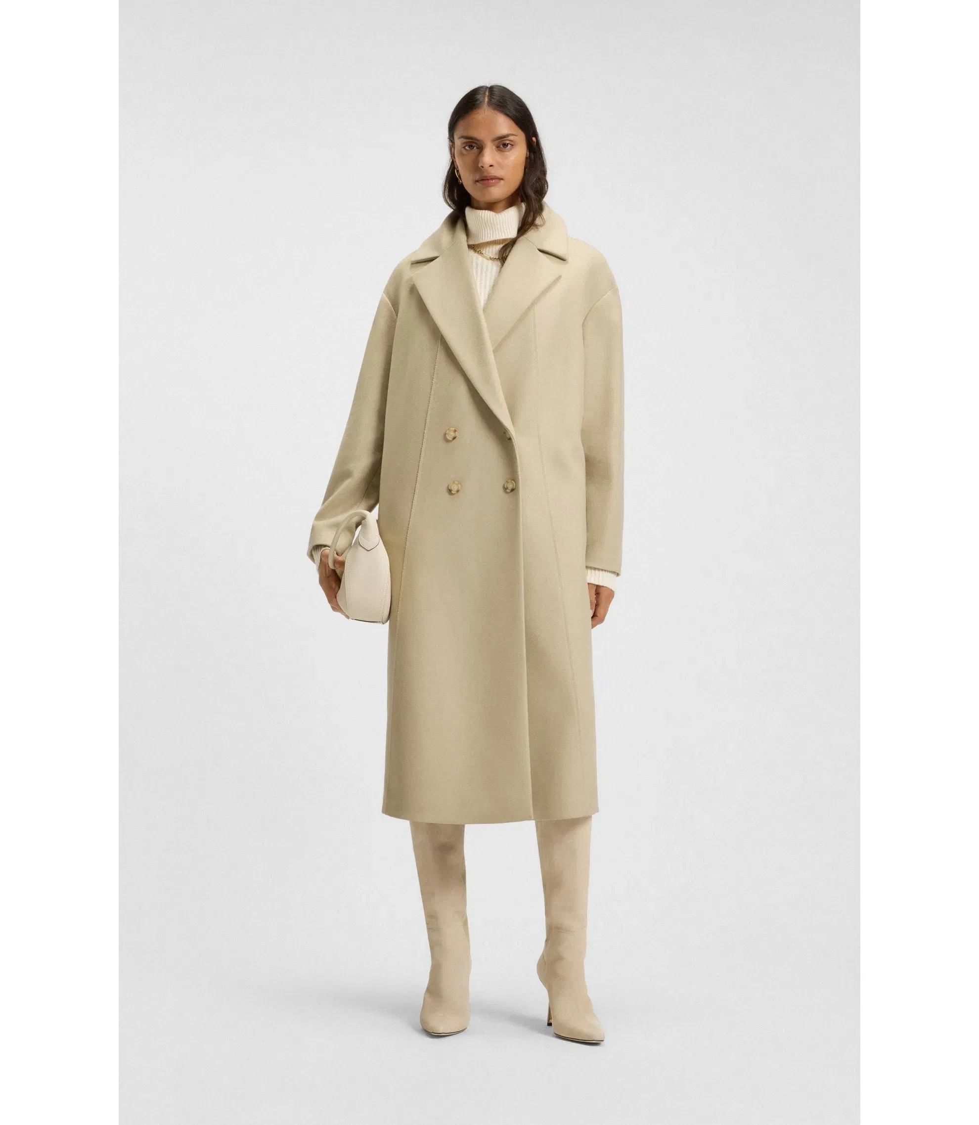 Boss Double Breasted Coat In Virgin Wool And Cashmere Light Beige Women's