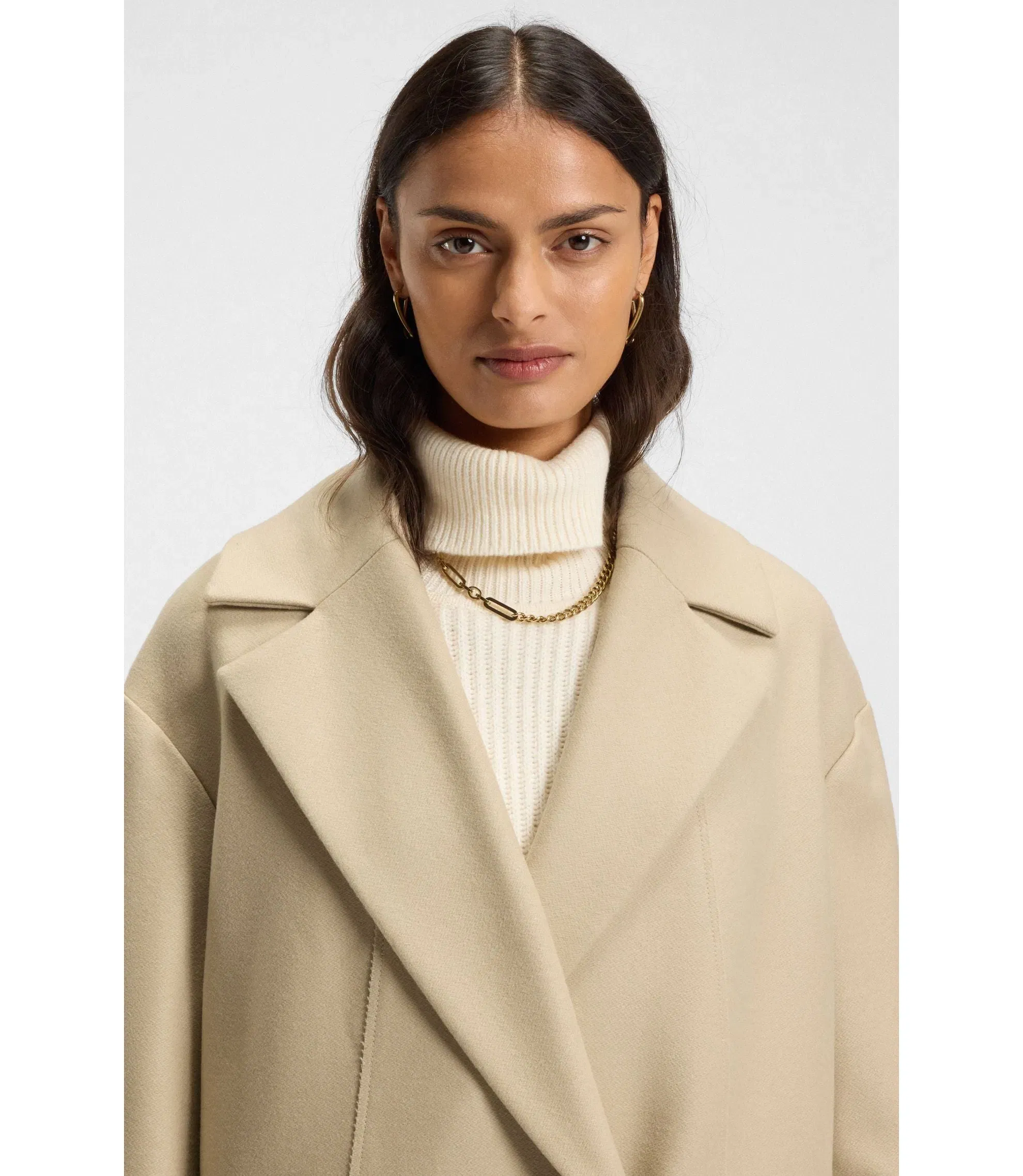 Boss Double Breasted Coat In Virgin Wool And Cashmere Light Beige Women's