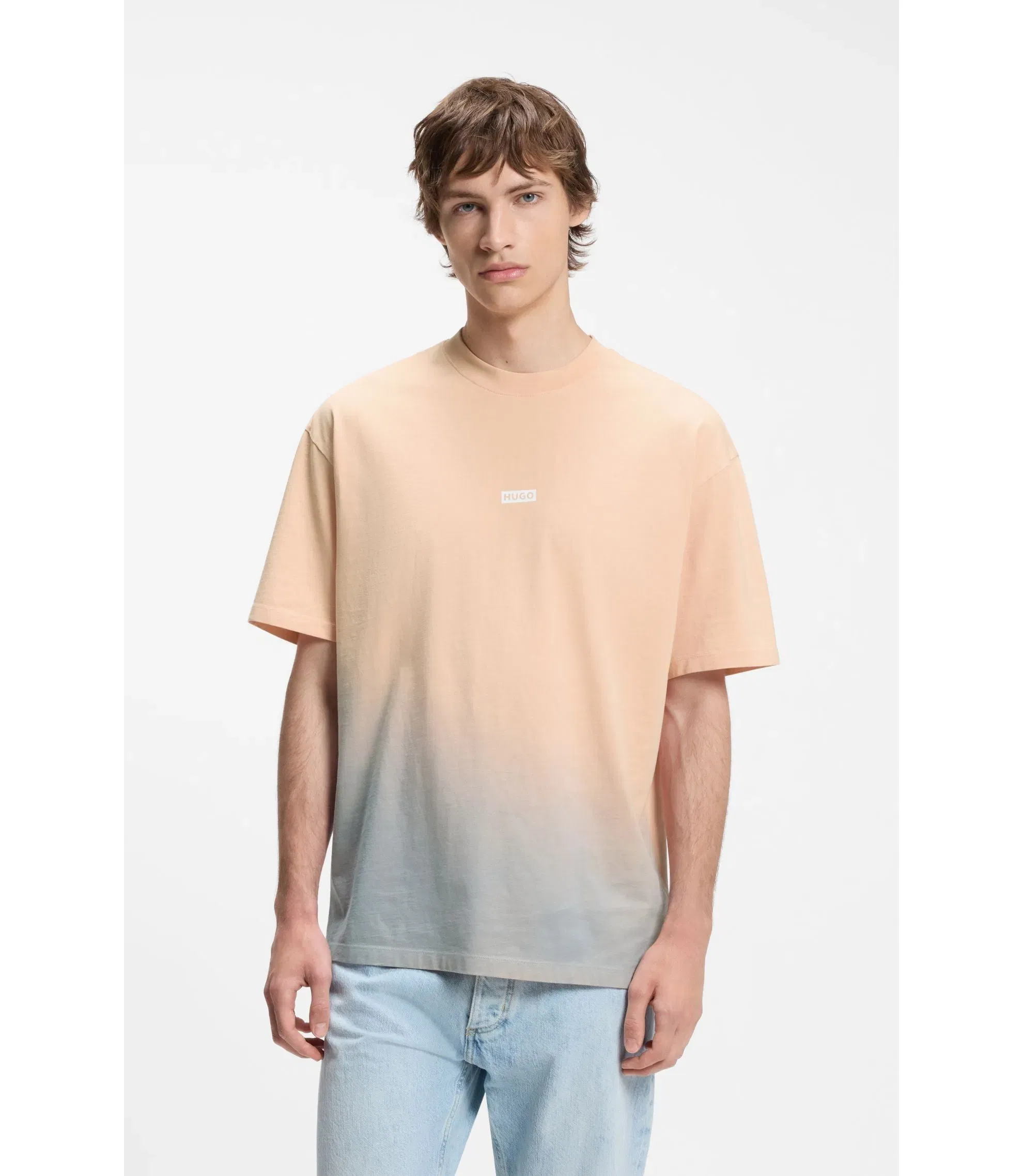 Hugo Dip Dyed Logo T-Shirt In Cotton Jersey Light Orange
