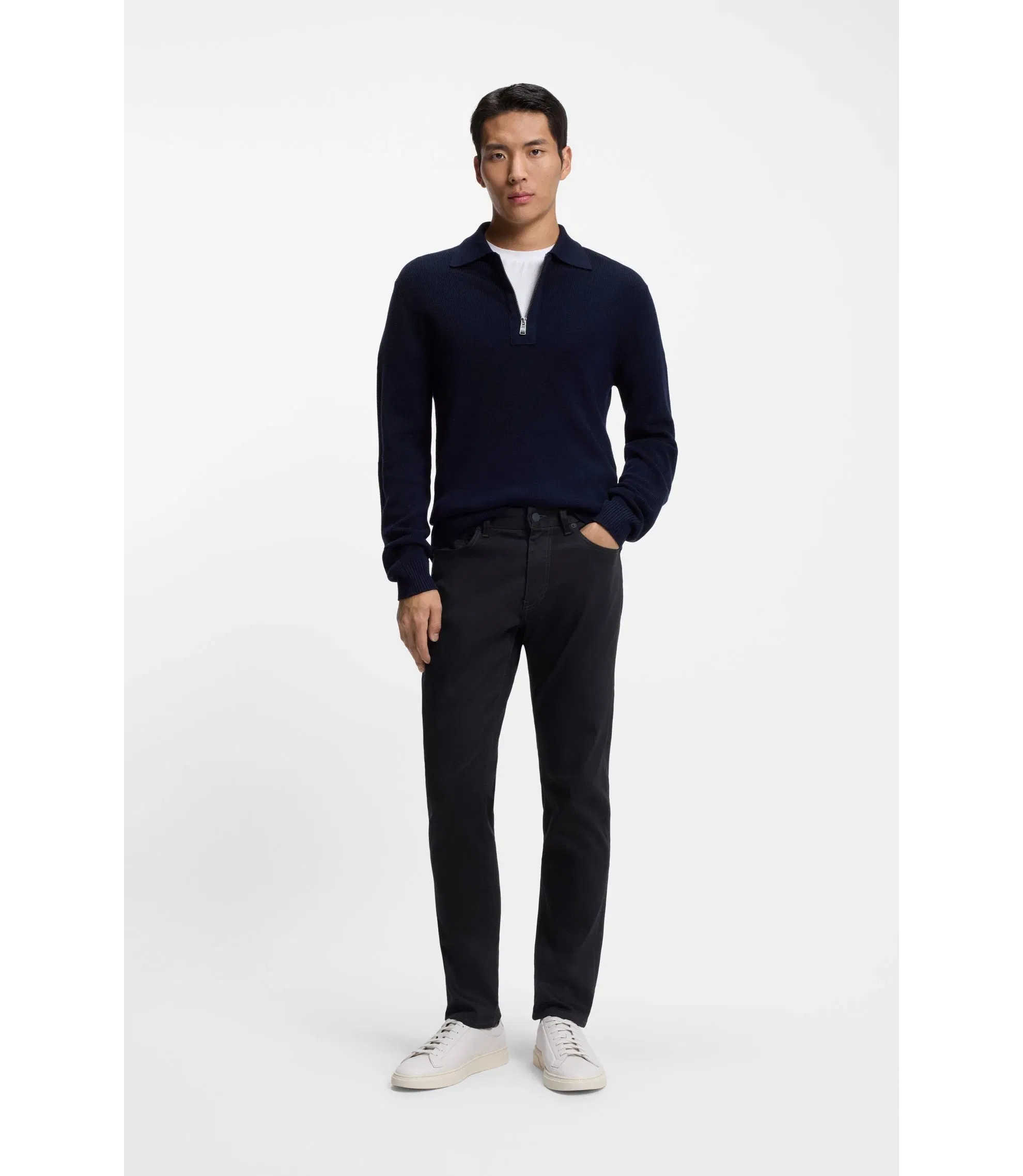 Boss Delaware Slim Fit Trousers In Fade Resistant Twill Dark Blue