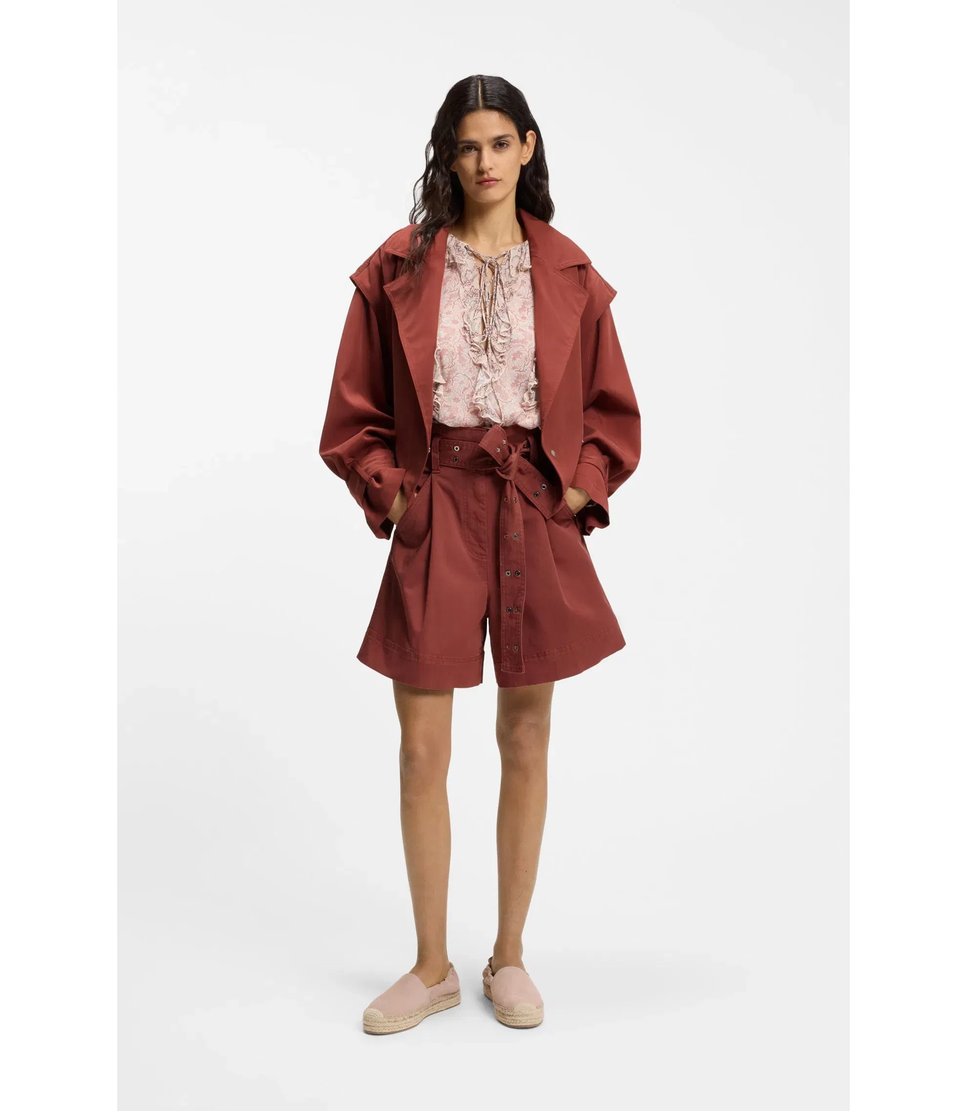 Boss Cropped Trench Jacket With Belt Dark Red Women's
