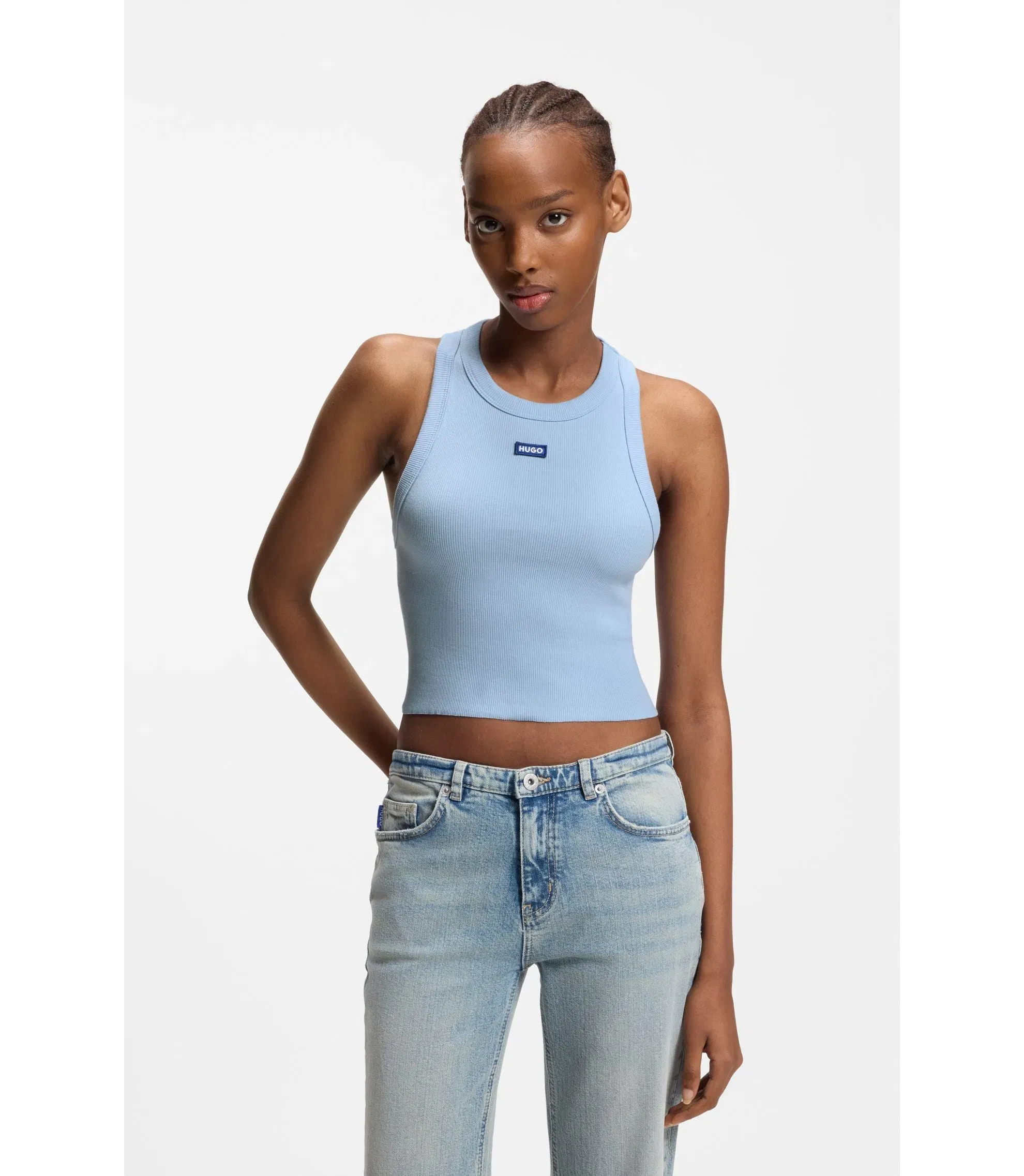 Hugo Cropped Stretch Cotton Tank Top With Blue Logo Label Light Blue Women's