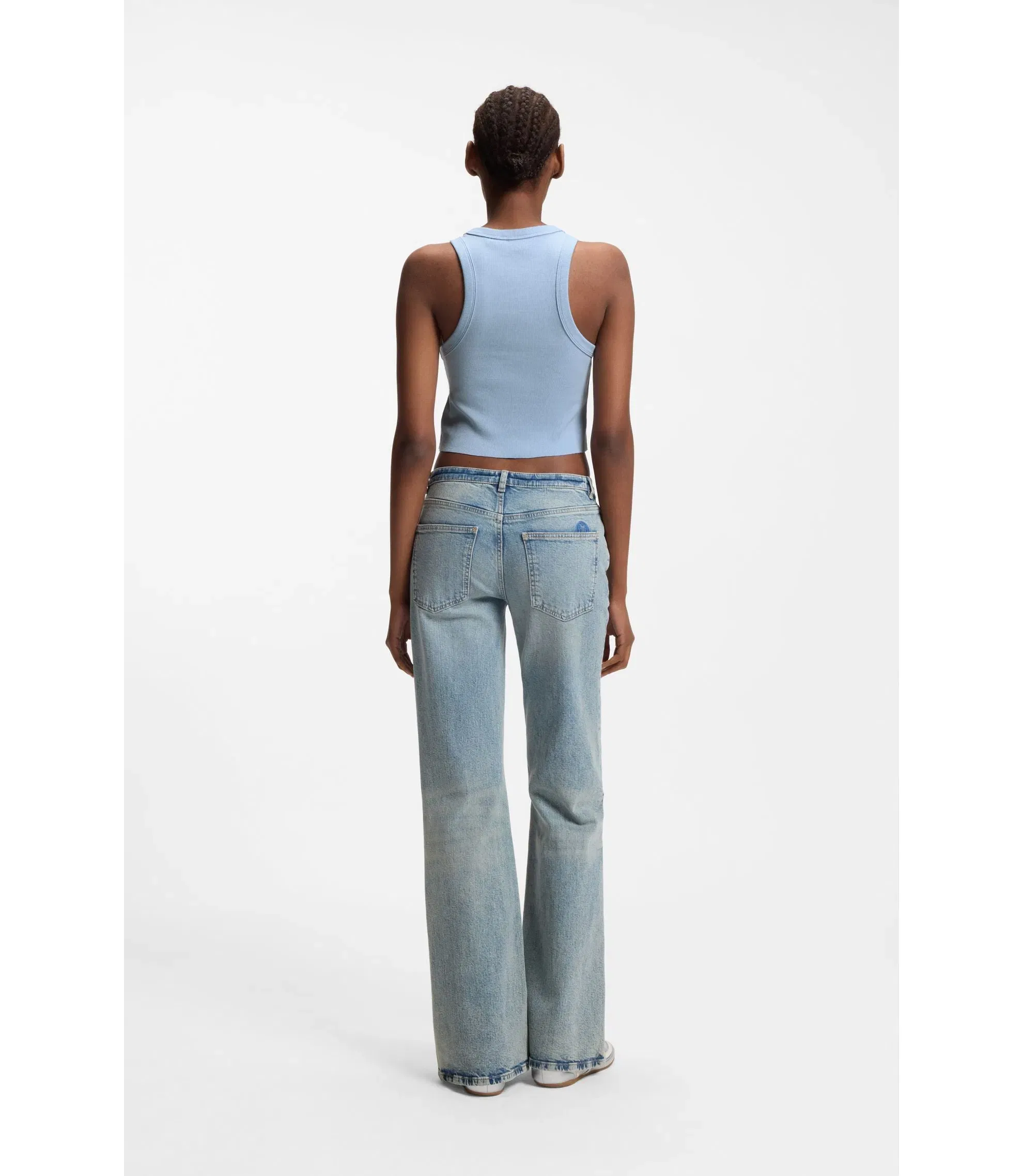Hugo Cropped Stretch Cotton Tank Top With Blue Logo Label Light Blue Women's