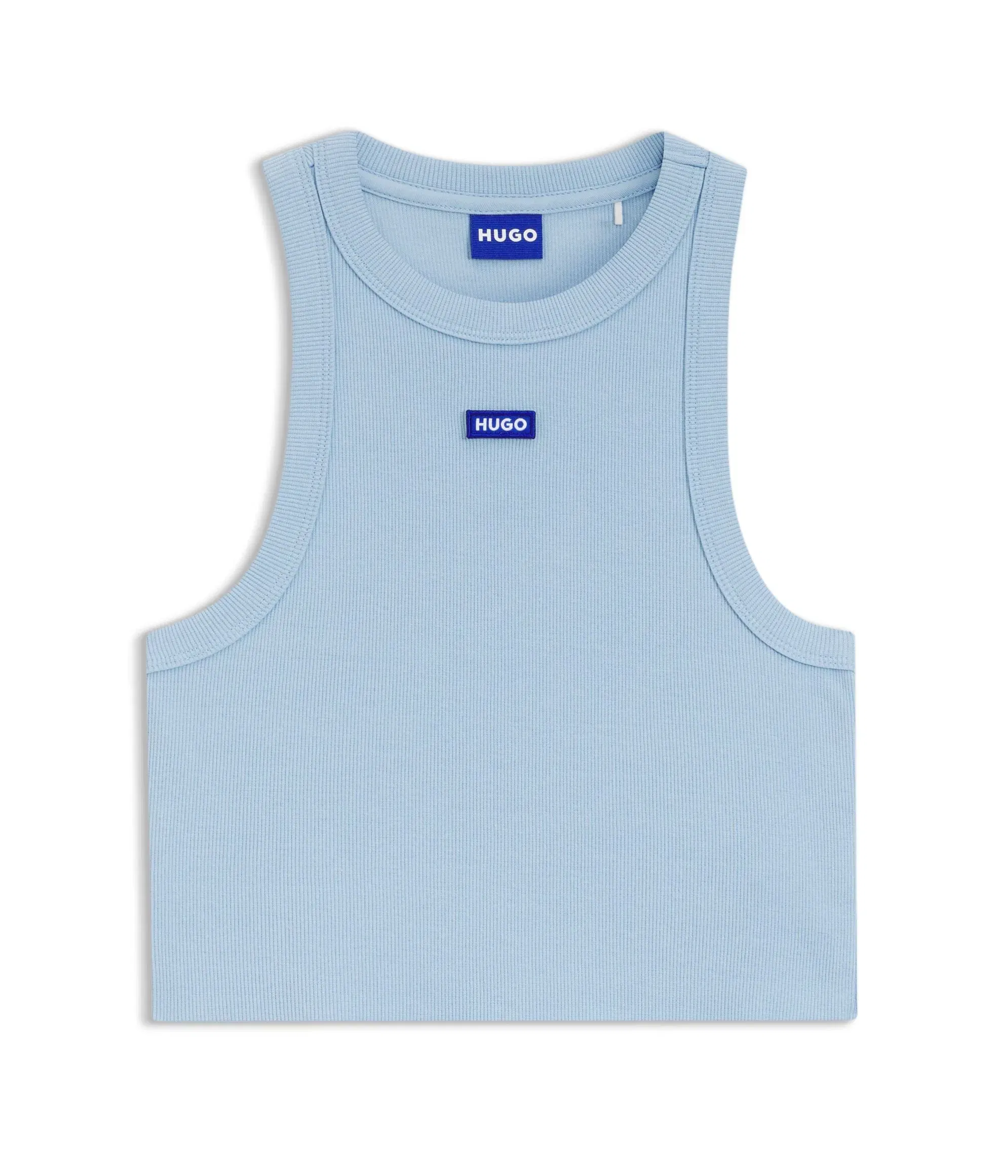 Hugo Cropped Stretch Cotton Tank Top With Blue Logo Label Light Blue Women's
