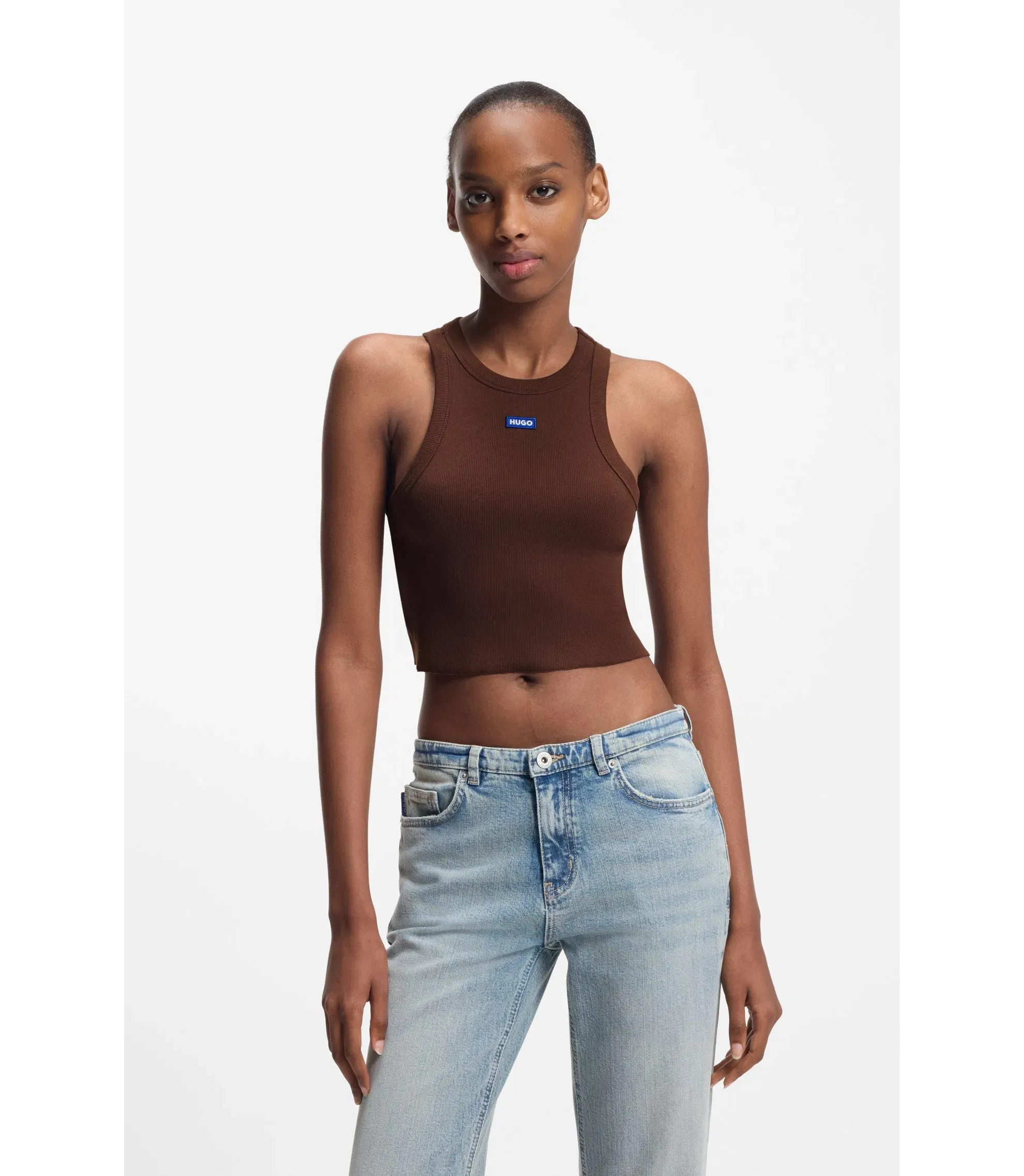 Hugo Cropped Stretch Cotton Tank Top With Blue Logo Label Brown Women's