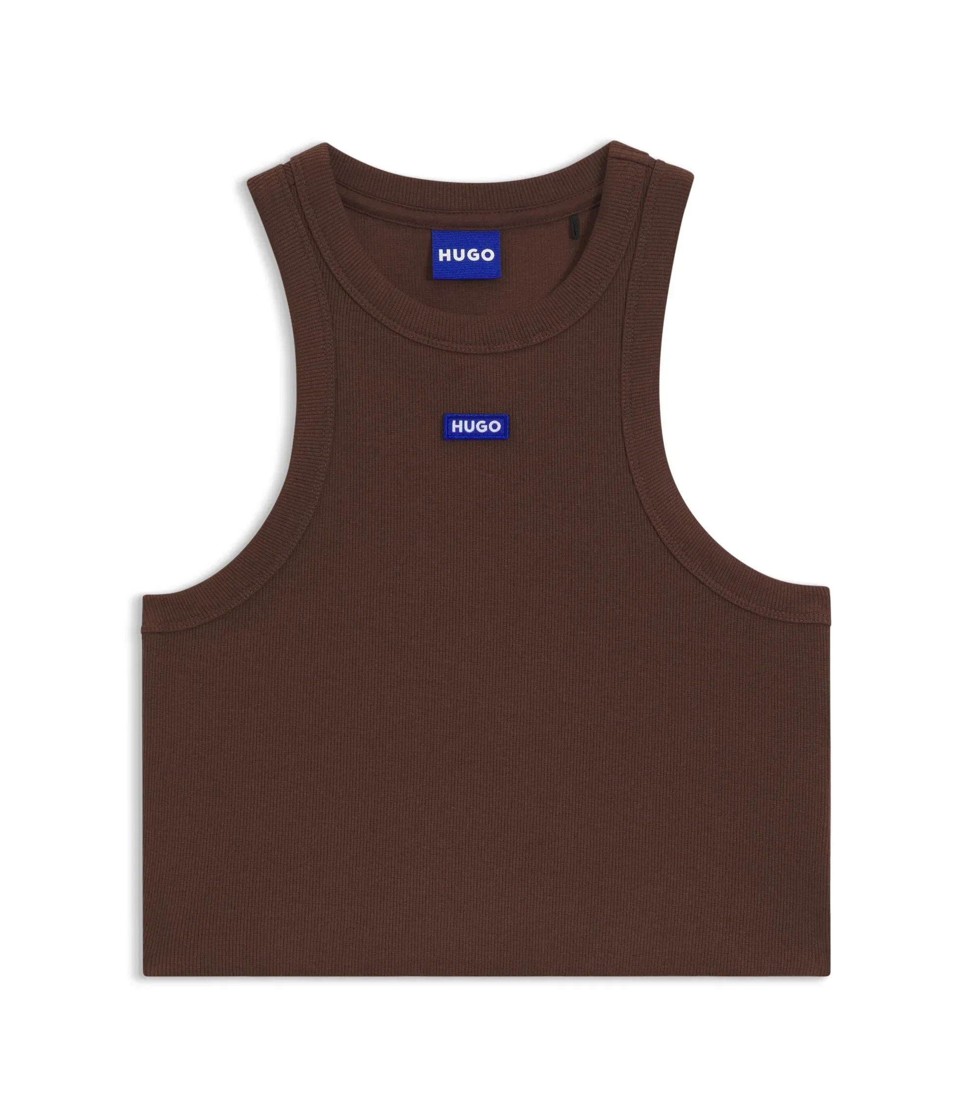 Hugo Cropped Stretch Cotton Tank Top With Blue Logo Label Brown Women's