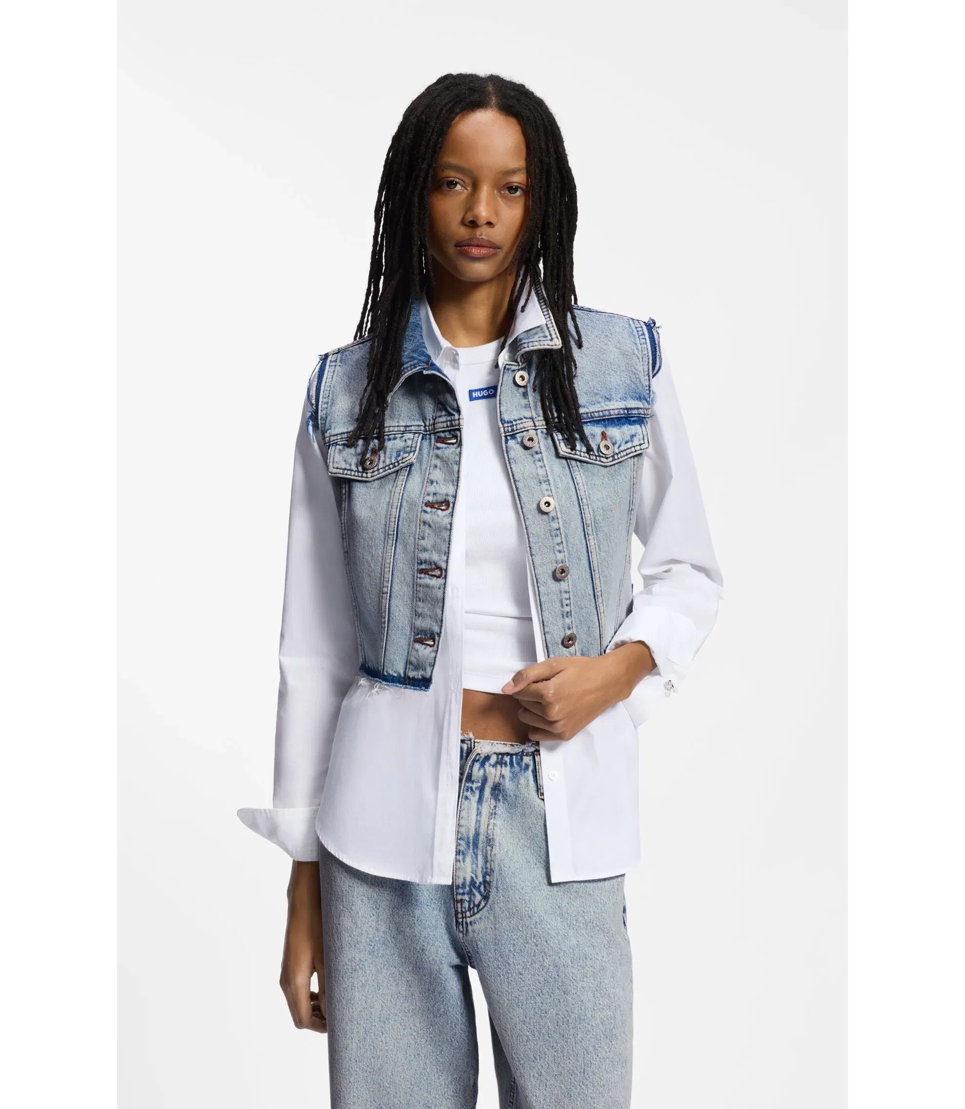 Hugo Cropped Sleeveless Vest In Azure Blue Denim Light Blue Women's