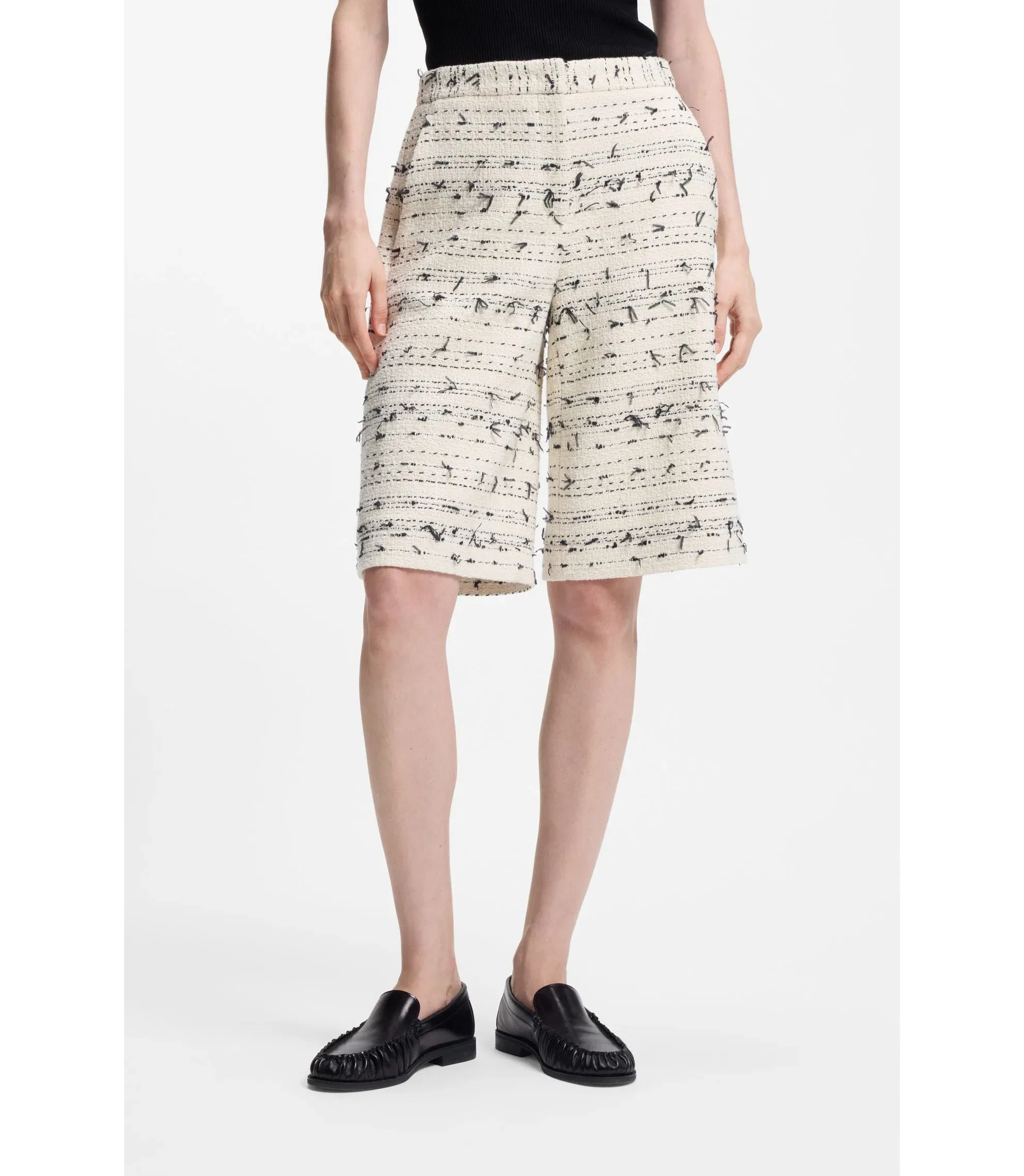 Boss Cropped Relaxed Fit Trousers In Striped Cotton Blend Tweed Patterned Women's