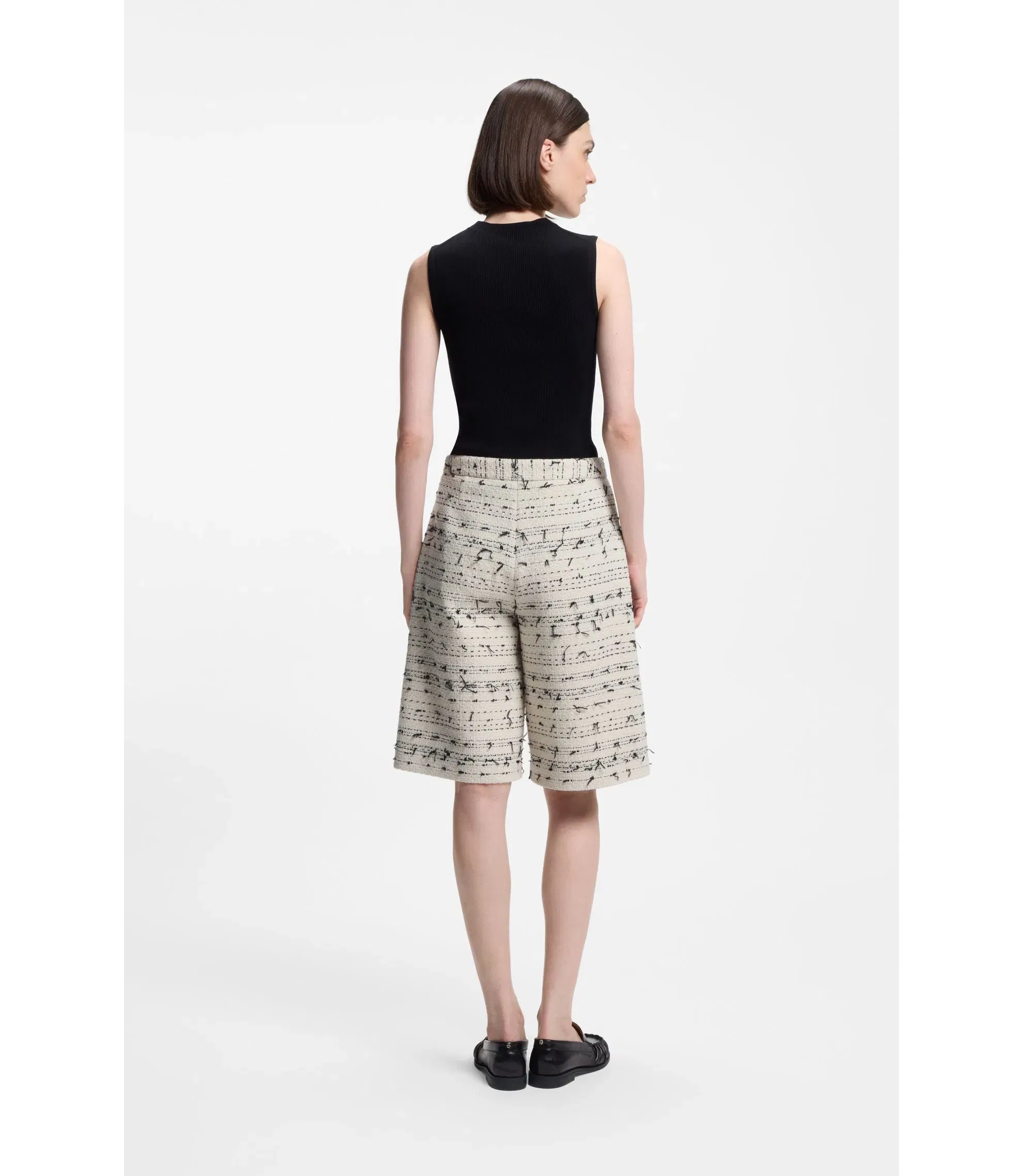 Boss Cropped Relaxed Fit Trousers In Striped Cotton Blend Tweed Patterned Women's