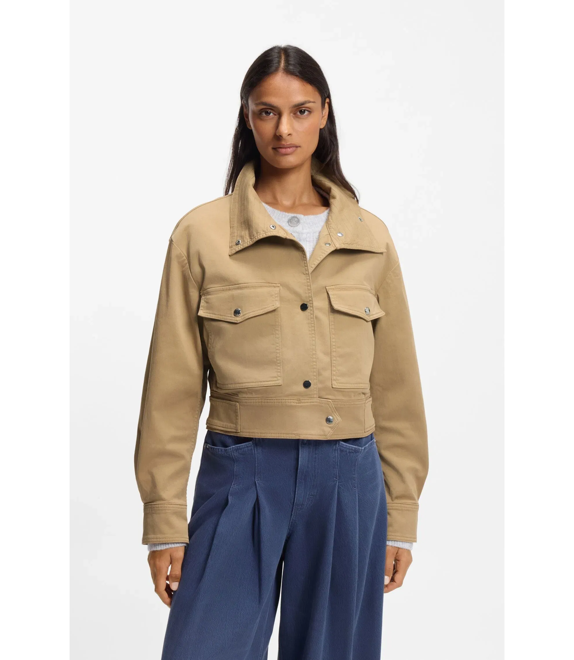 Boss Cropped Jacket In Paper Touch Cotton Twill Brown Women's