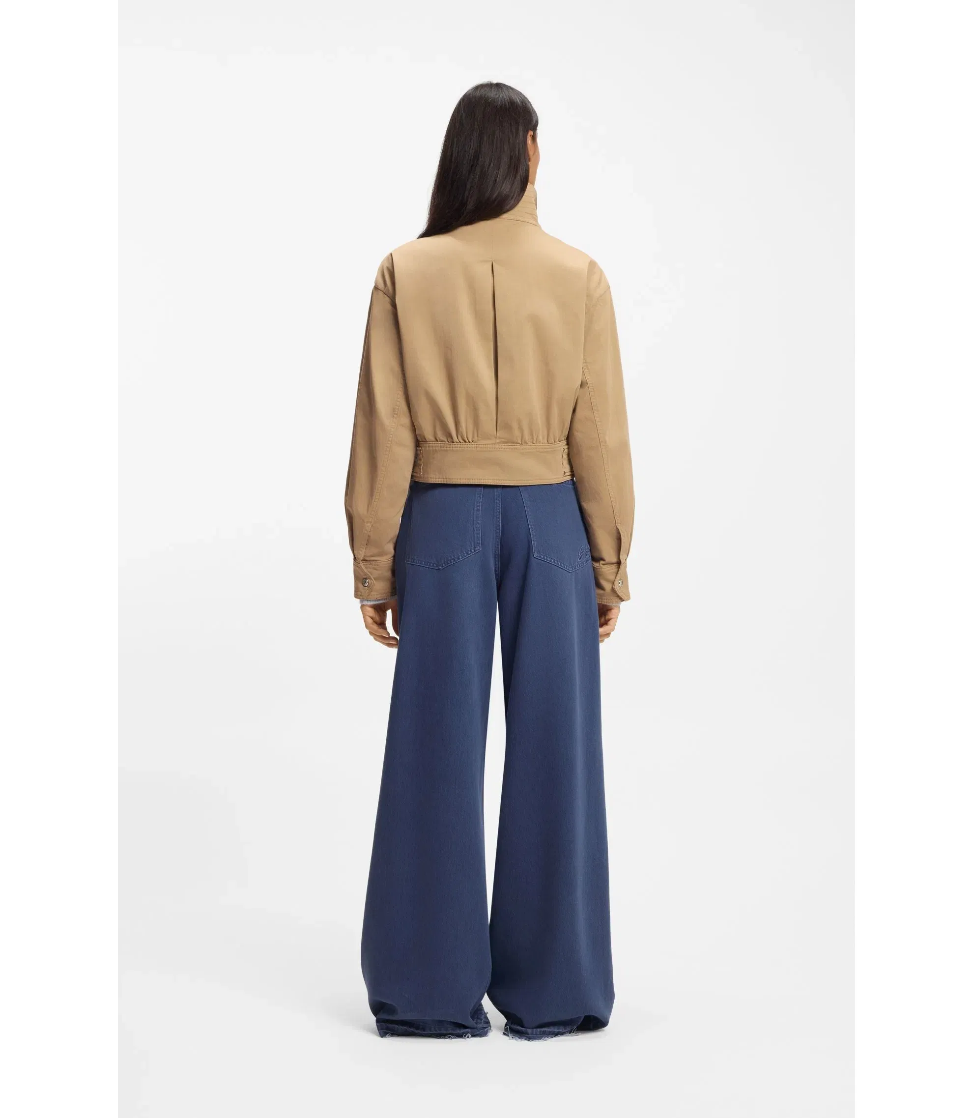 Boss Cropped Jacket In Paper Touch Cotton Twill Brown Women's