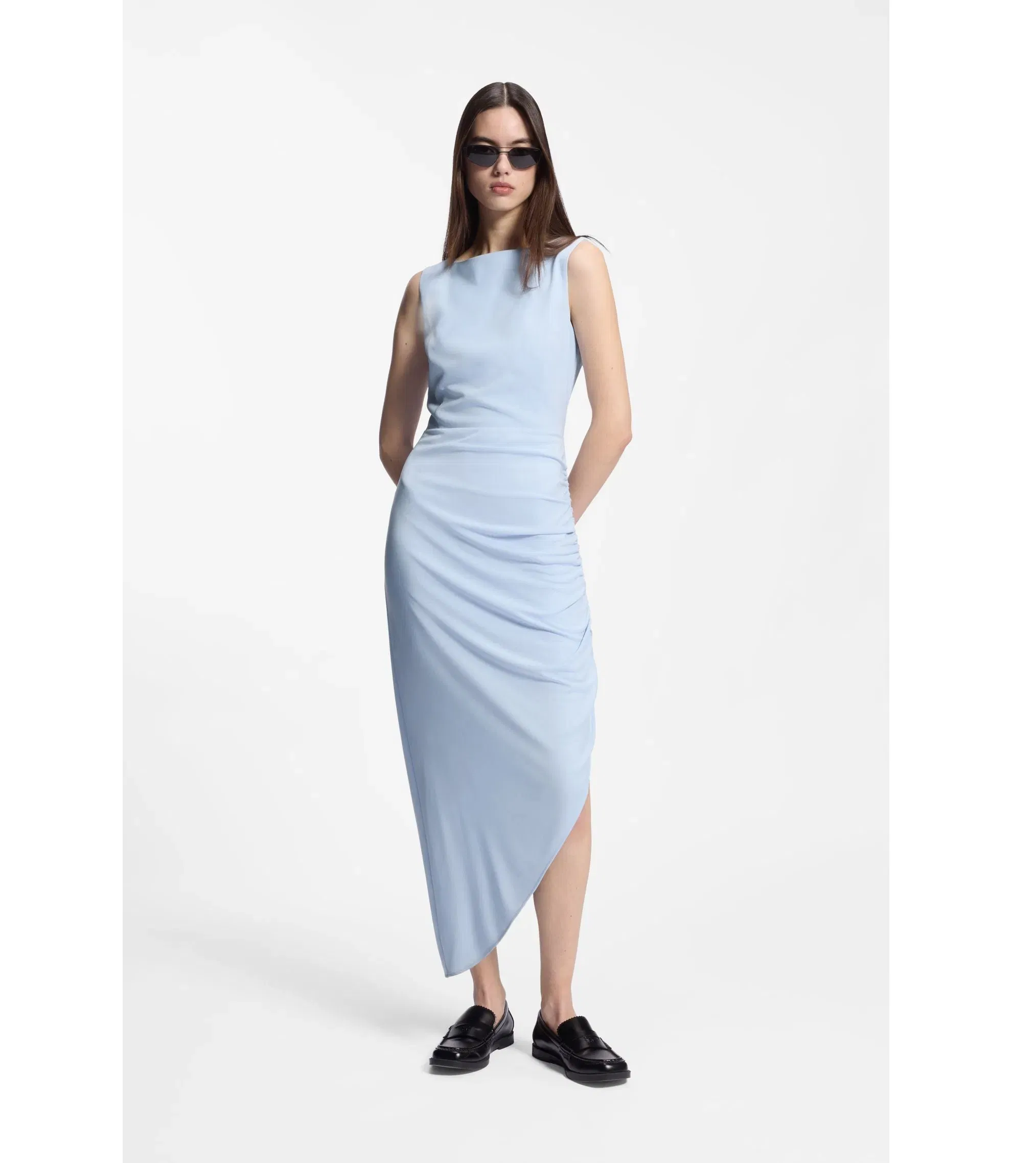 Hugo Crepe Dress With Gathered Asymmetric Hemline Light Blue Women's