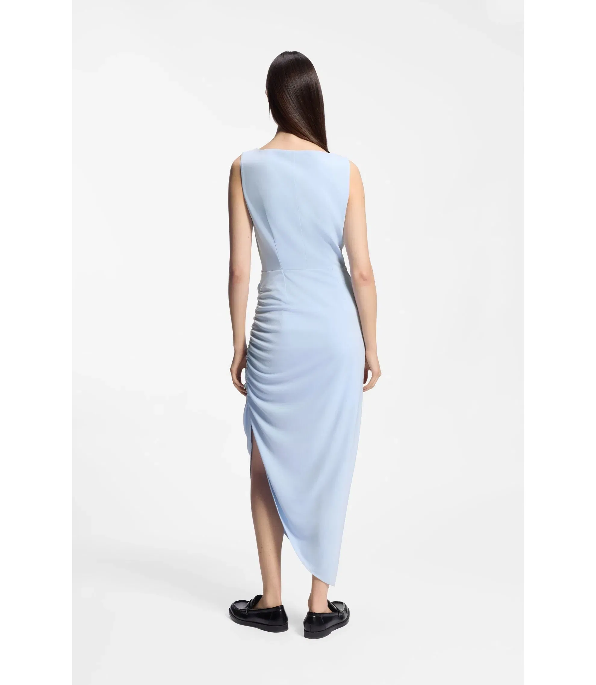 Hugo Crepe Dress With Gathered Asymmetric Hemline Light Blue Women's