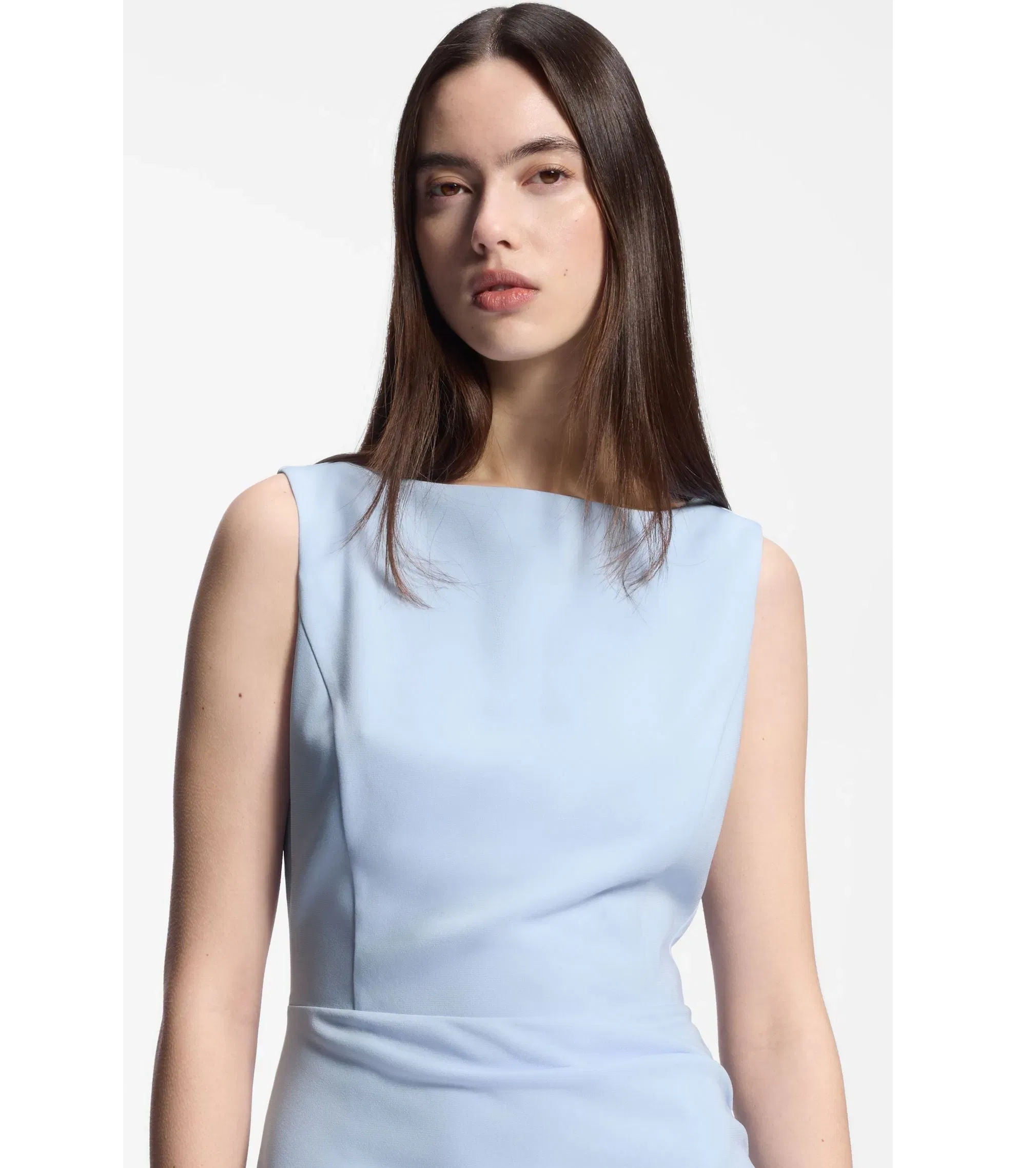 Hugo Crepe Dress With Gathered Asymmetric Hemline Light Blue Women's