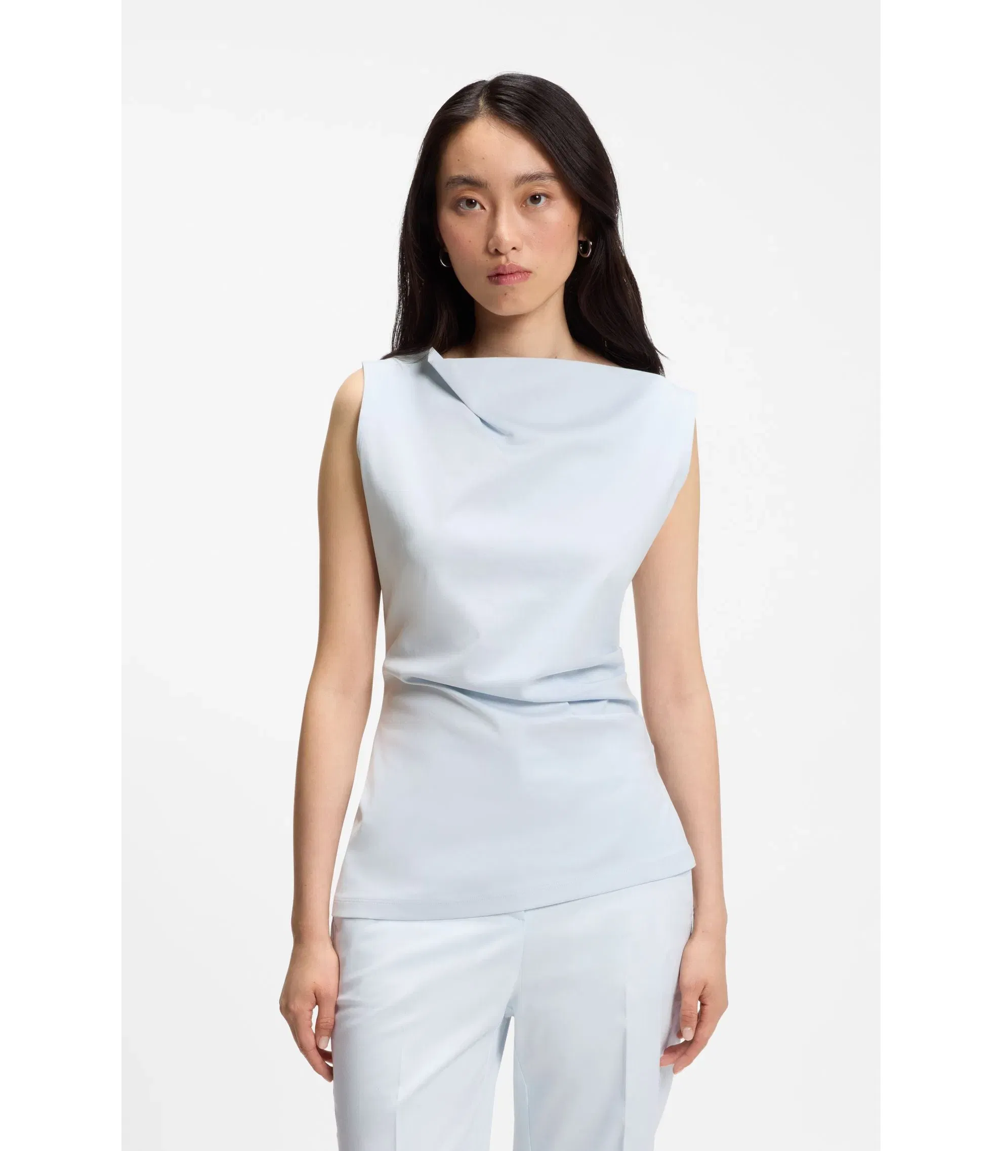 Boss Cowl Neck Asymmetric Top In Mercerized Cotton Light Blue Women's