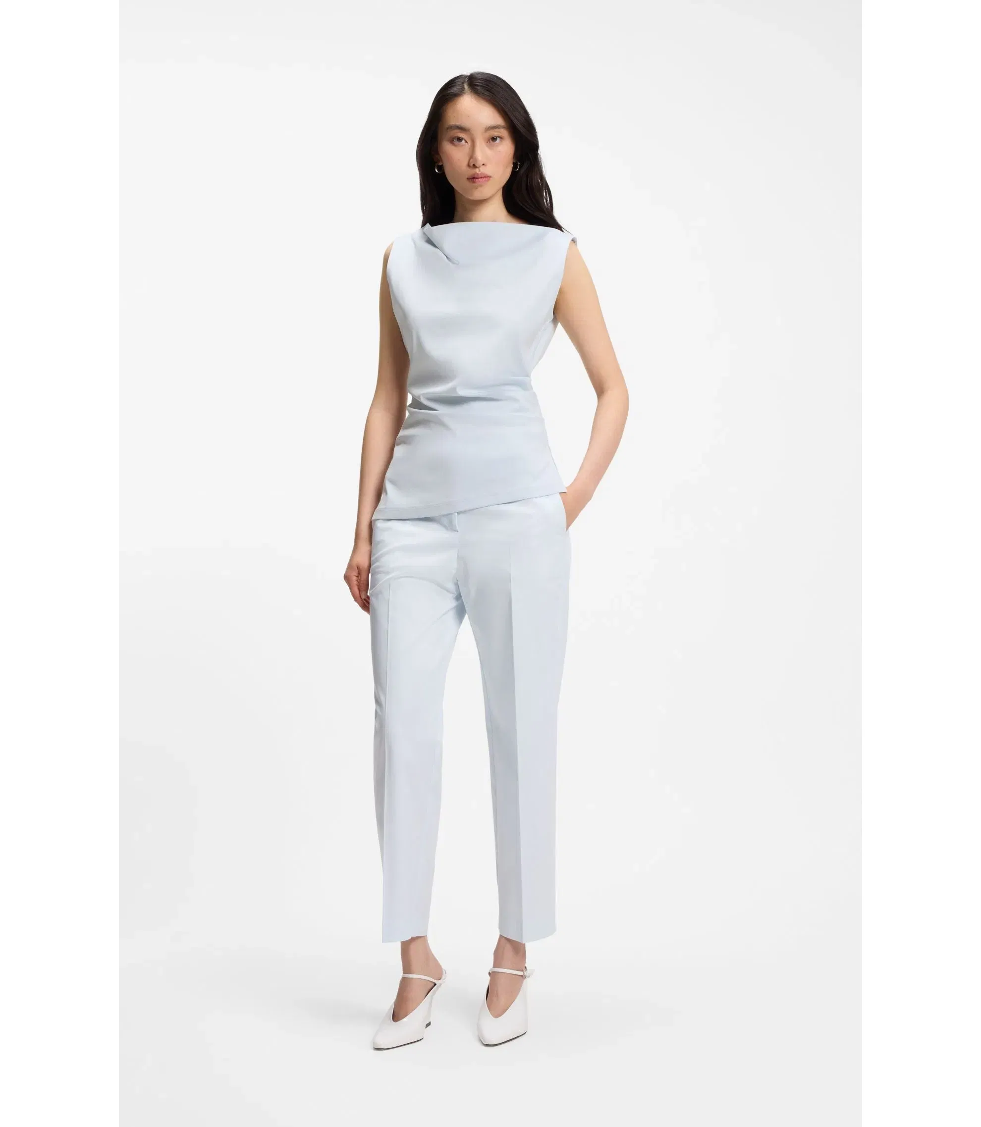 Boss Cowl Neck Asymmetric Top In Mercerized Cotton Light Blue Women's