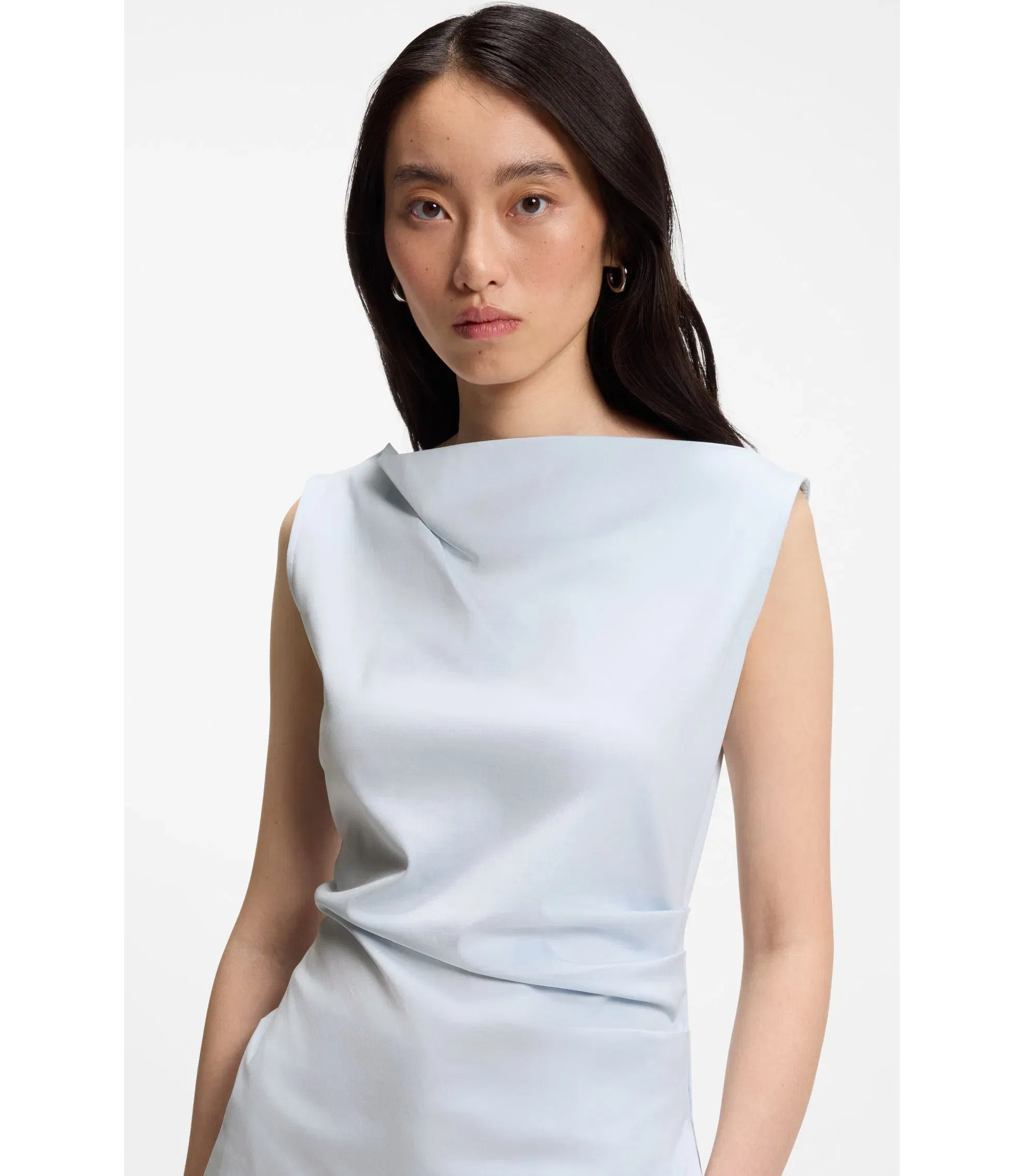 Boss Cowl Neck Asymmetric Top In Mercerized Cotton Light Blue Women's