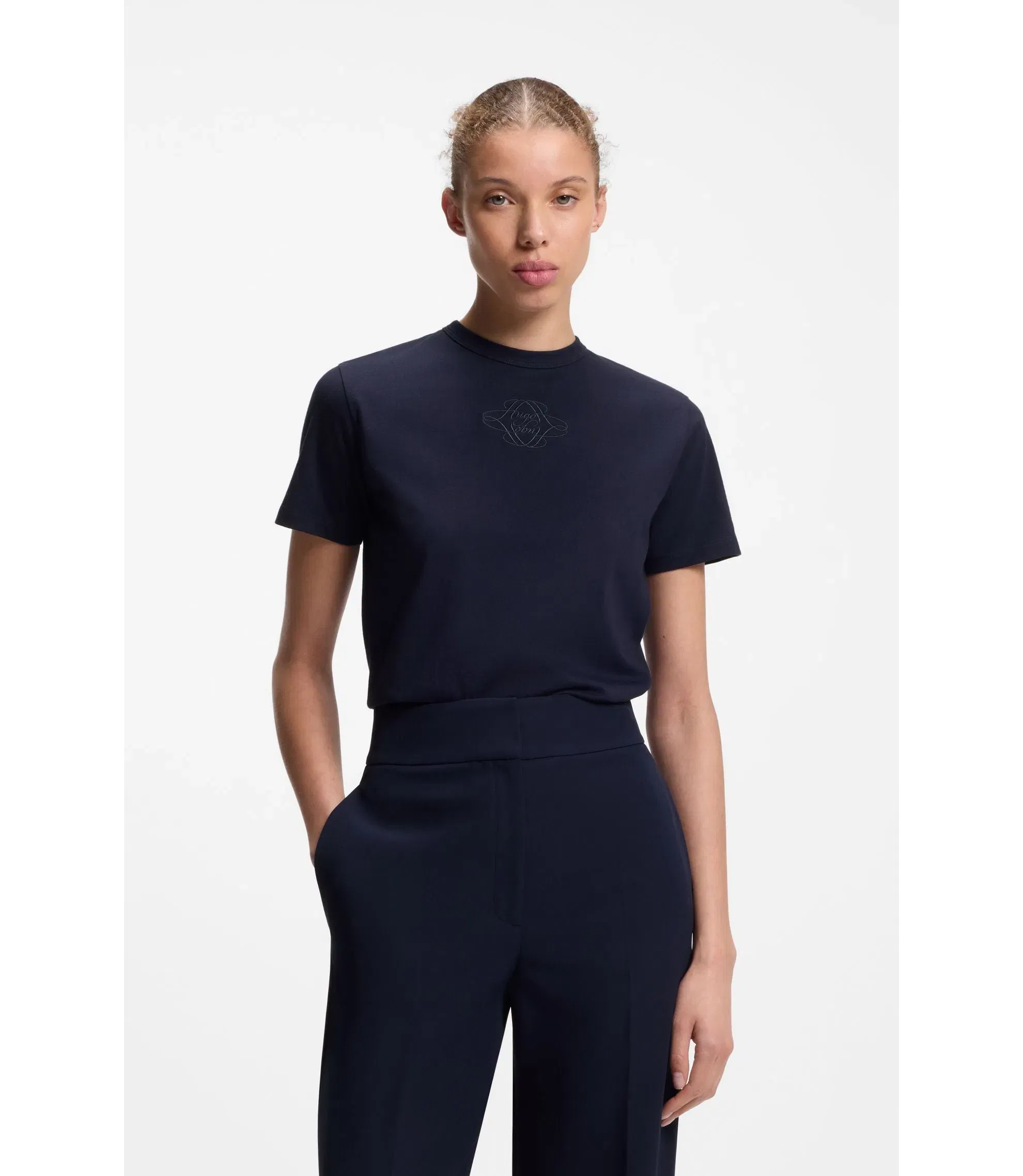 Hugo Cotton T-Shirt With Embroidered Logo Blue Women's