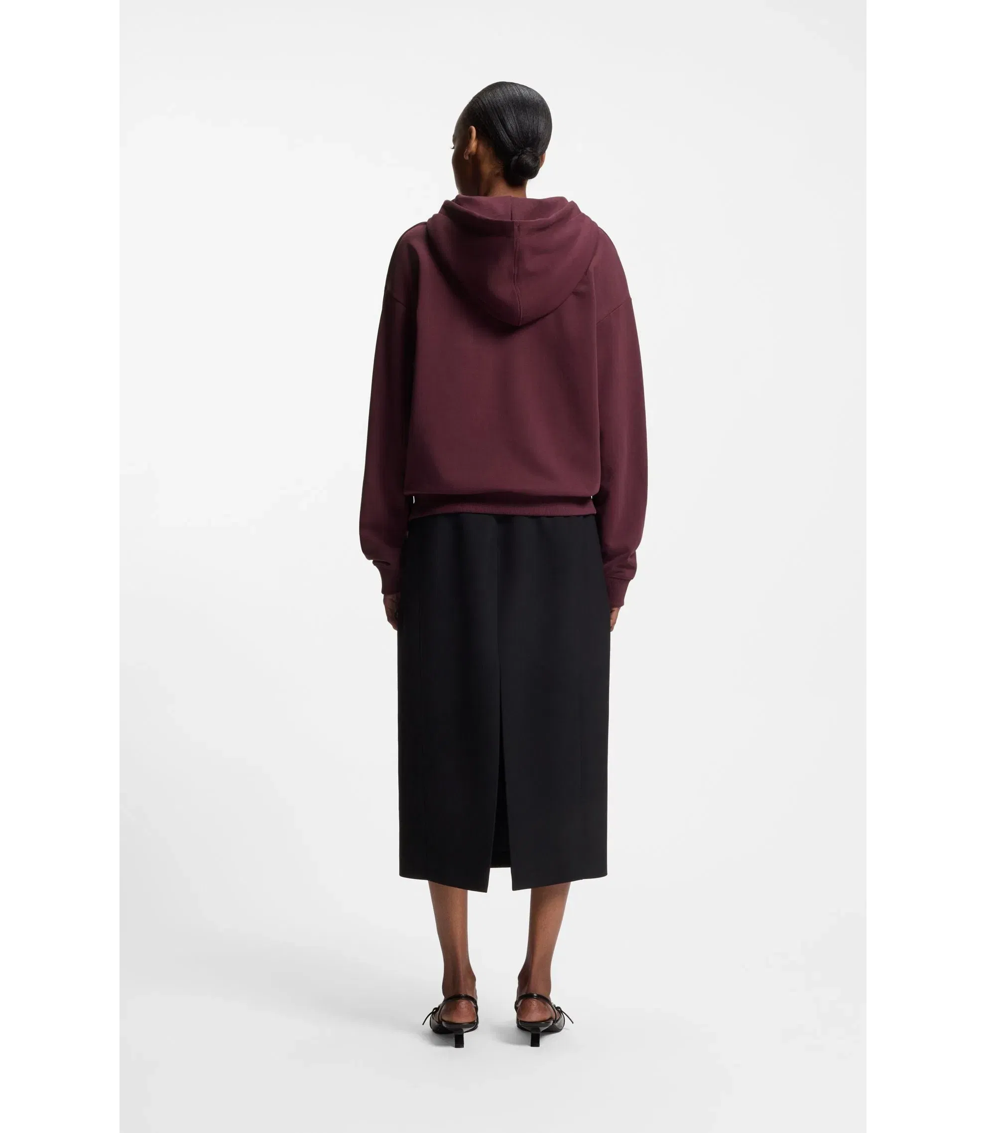 Hugo Cotton Terry Zip Up Hoodie With Stacked Logo Embroidery Dark Purple Women's