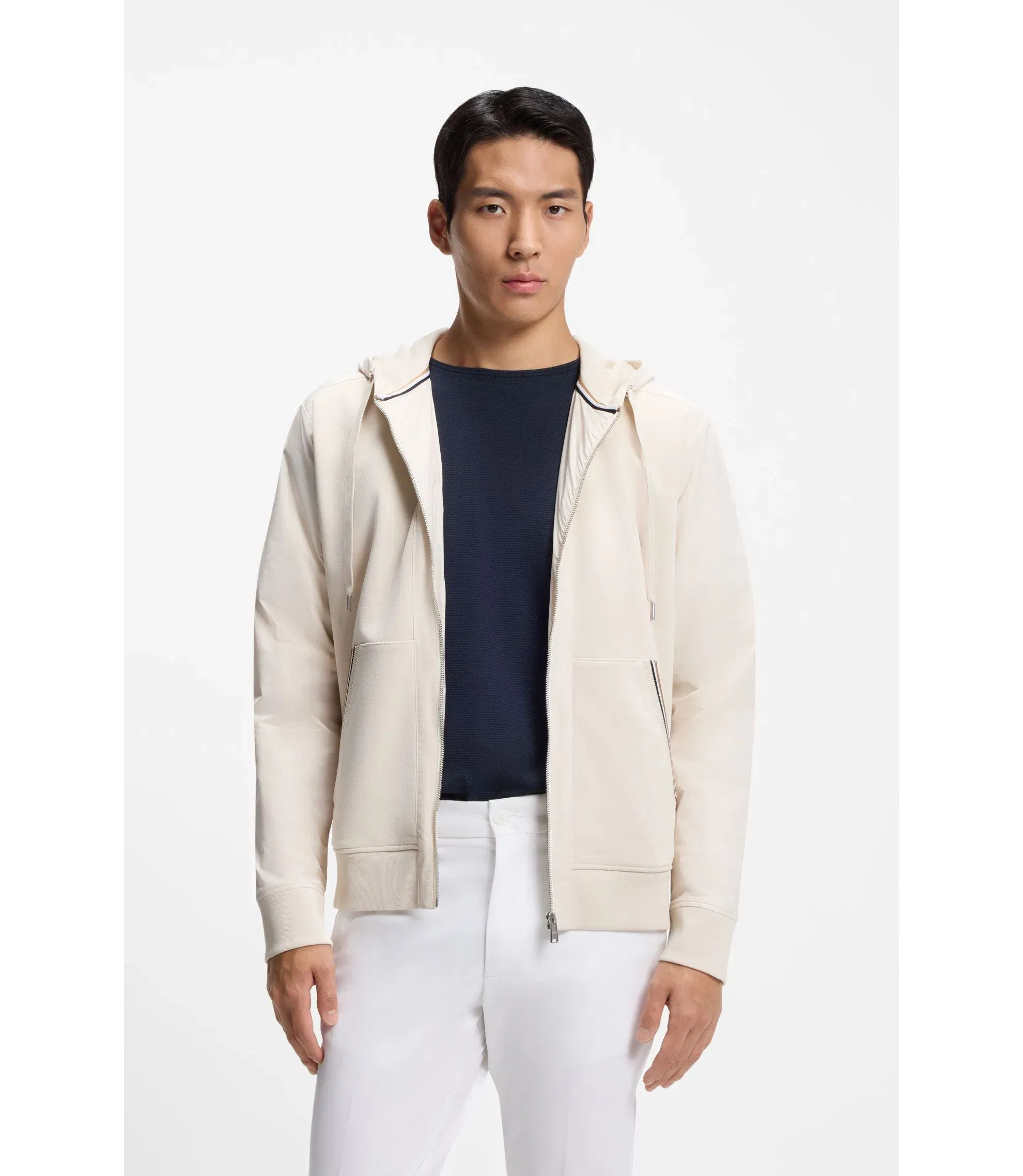 Boss Cotton Terry Zip Up Hoodie With Signature Stripe Trims White