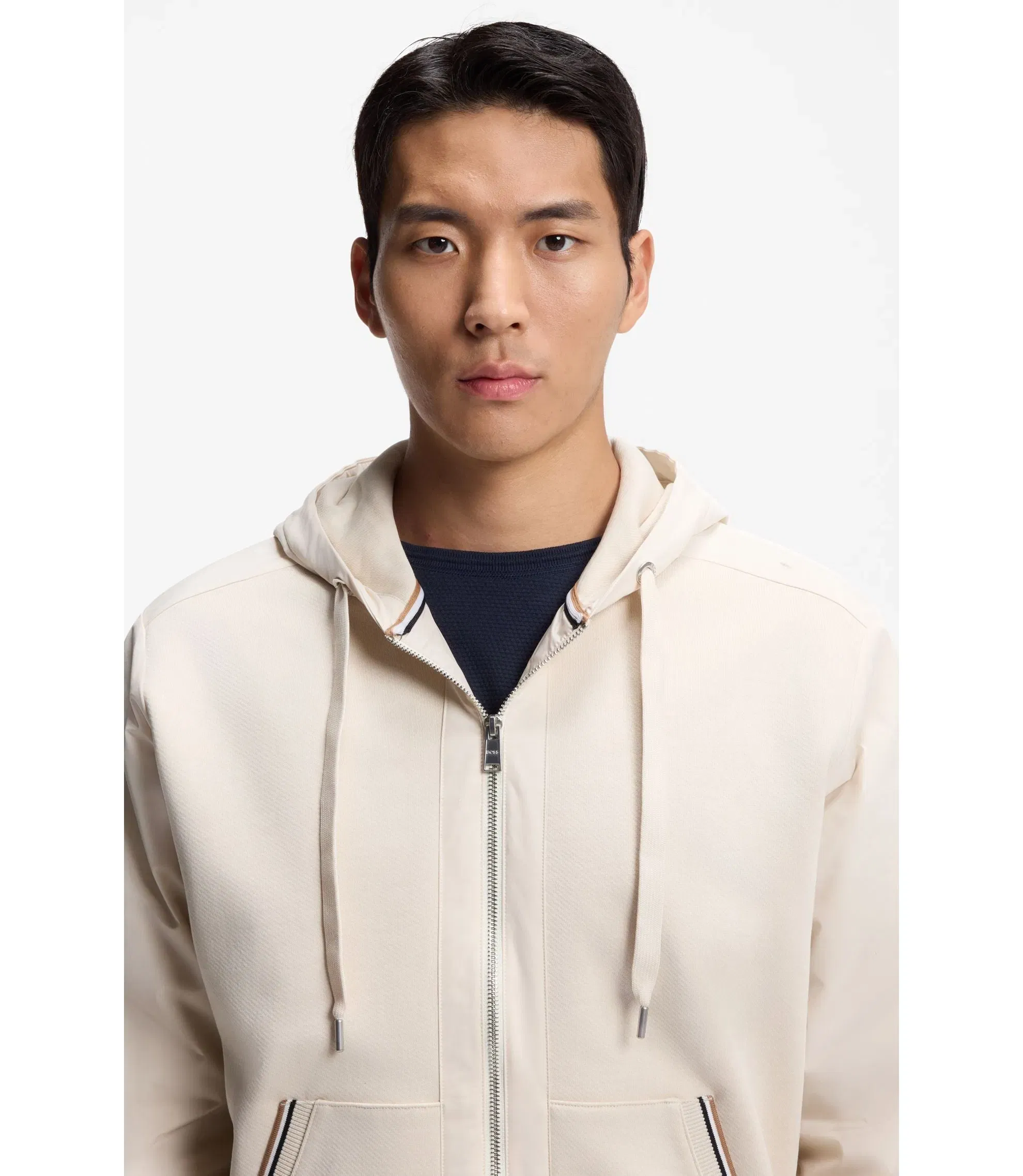 Boss Cotton Terry Zip Up Hoodie With Signature Stripe Trims White