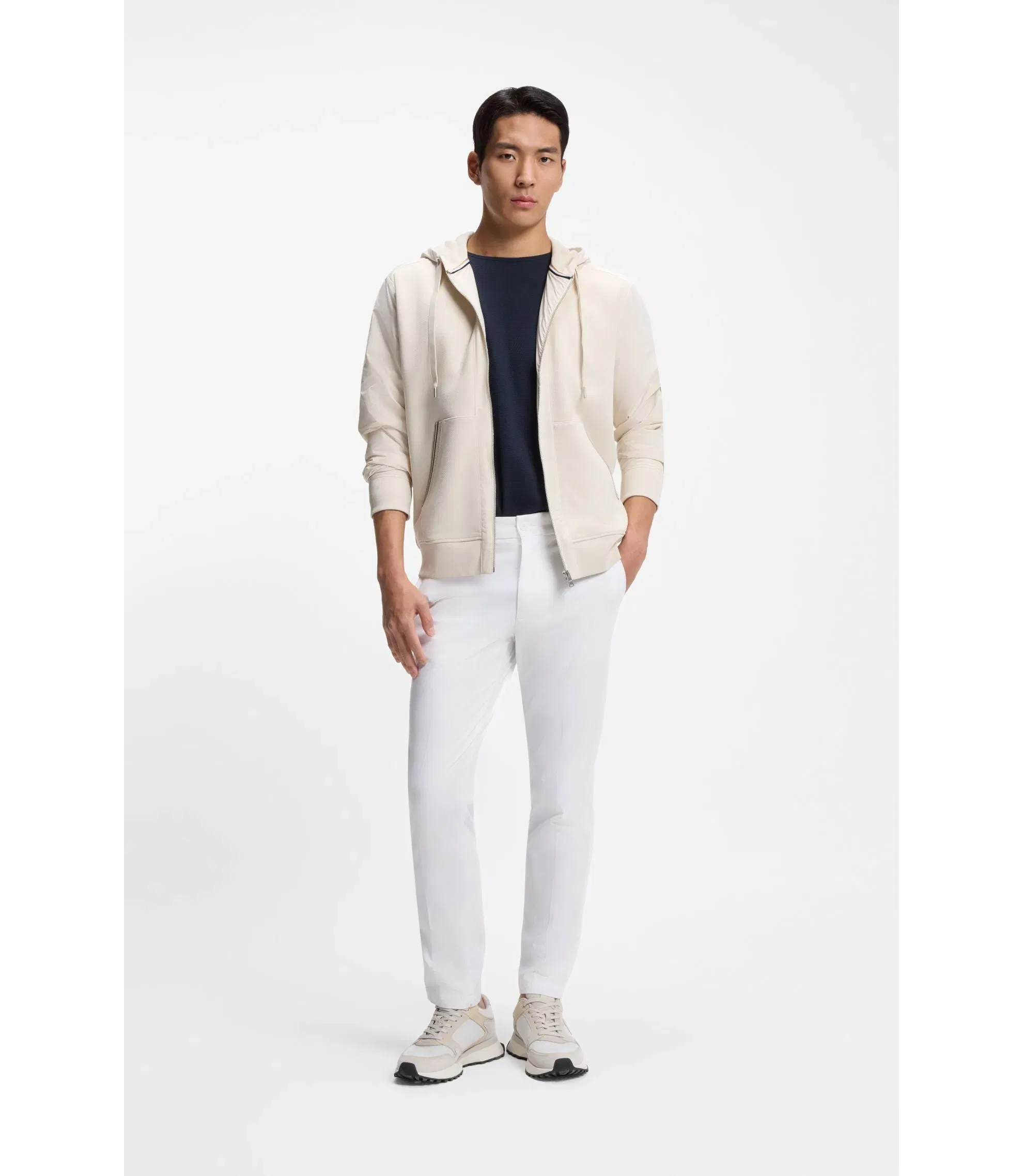 Boss Cotton Terry Zip Up Hoodie With Signature Stripe Trims White