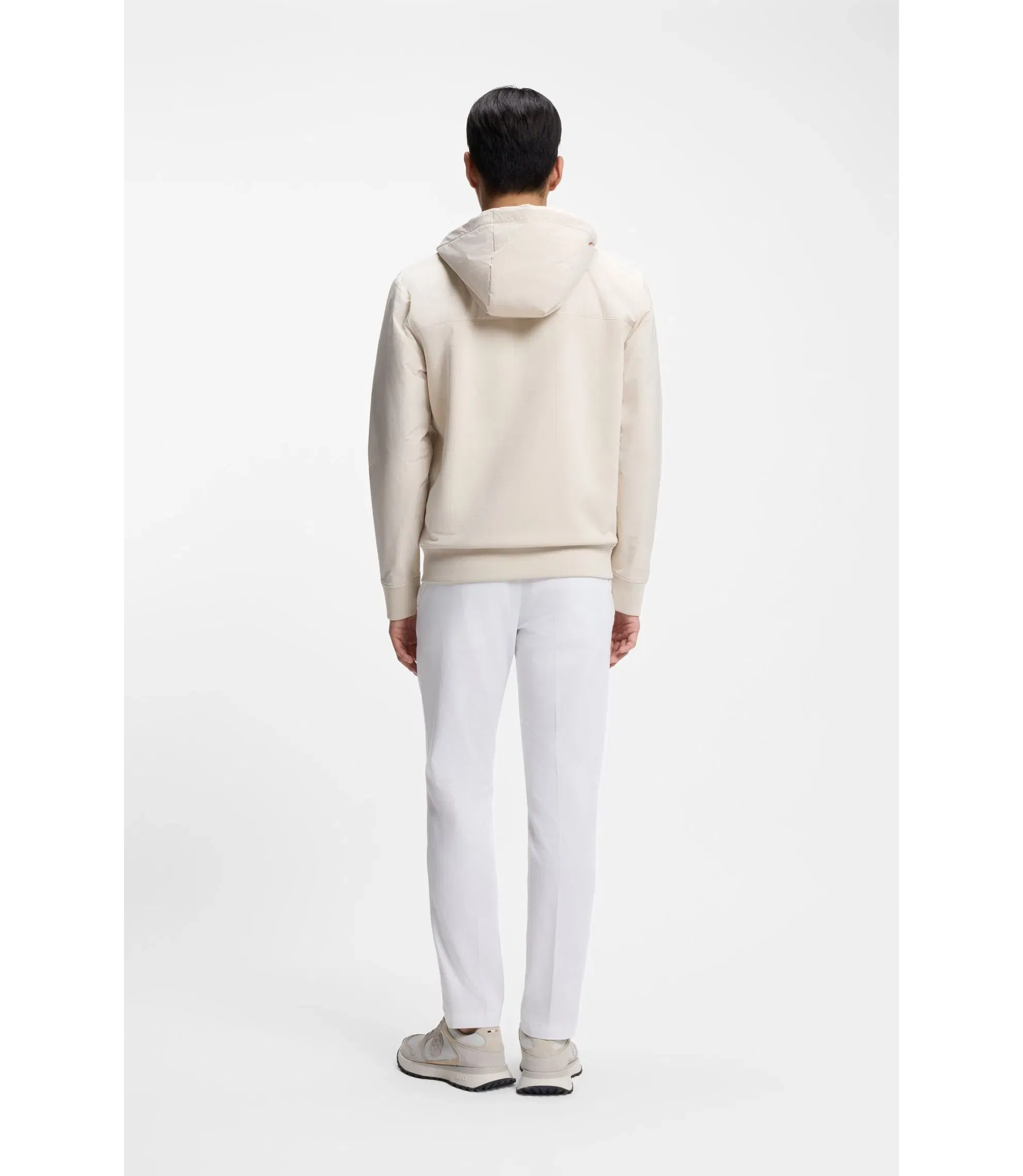 Boss Cotton Terry Zip Up Hoodie With Signature Stripe Trims White