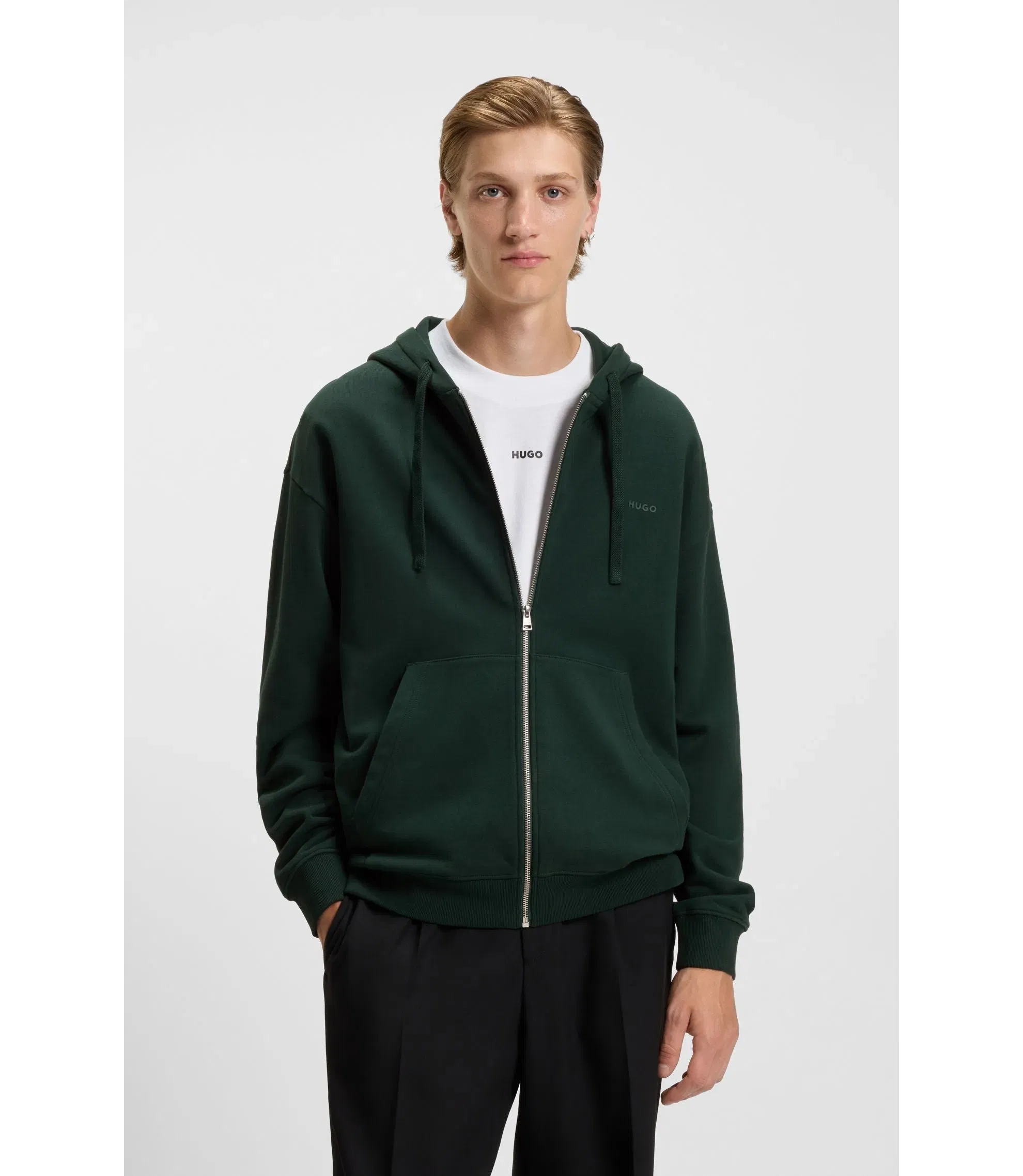 Hugo Cotton Terry Zip Up Hoodie With Logo Print Light Green