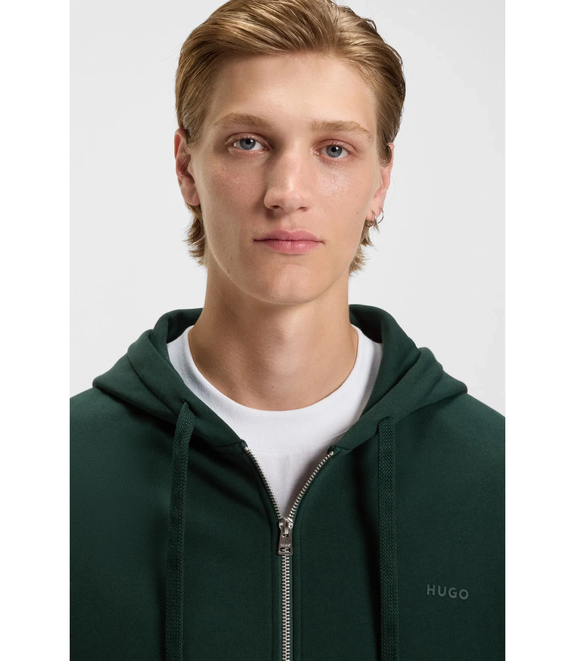 Hugo Cotton Terry Zip Up Hoodie With Logo Print Light Green