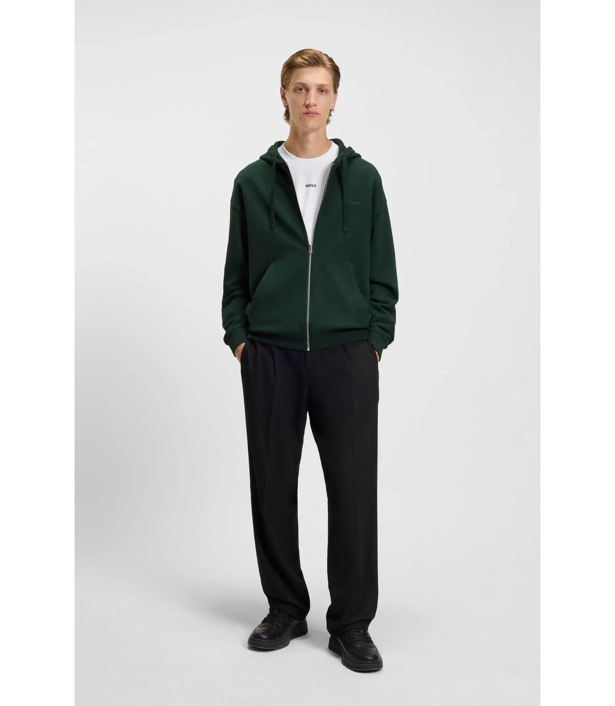 Hugo Cotton Terry Zip Up Hoodie With Logo Print Light Green