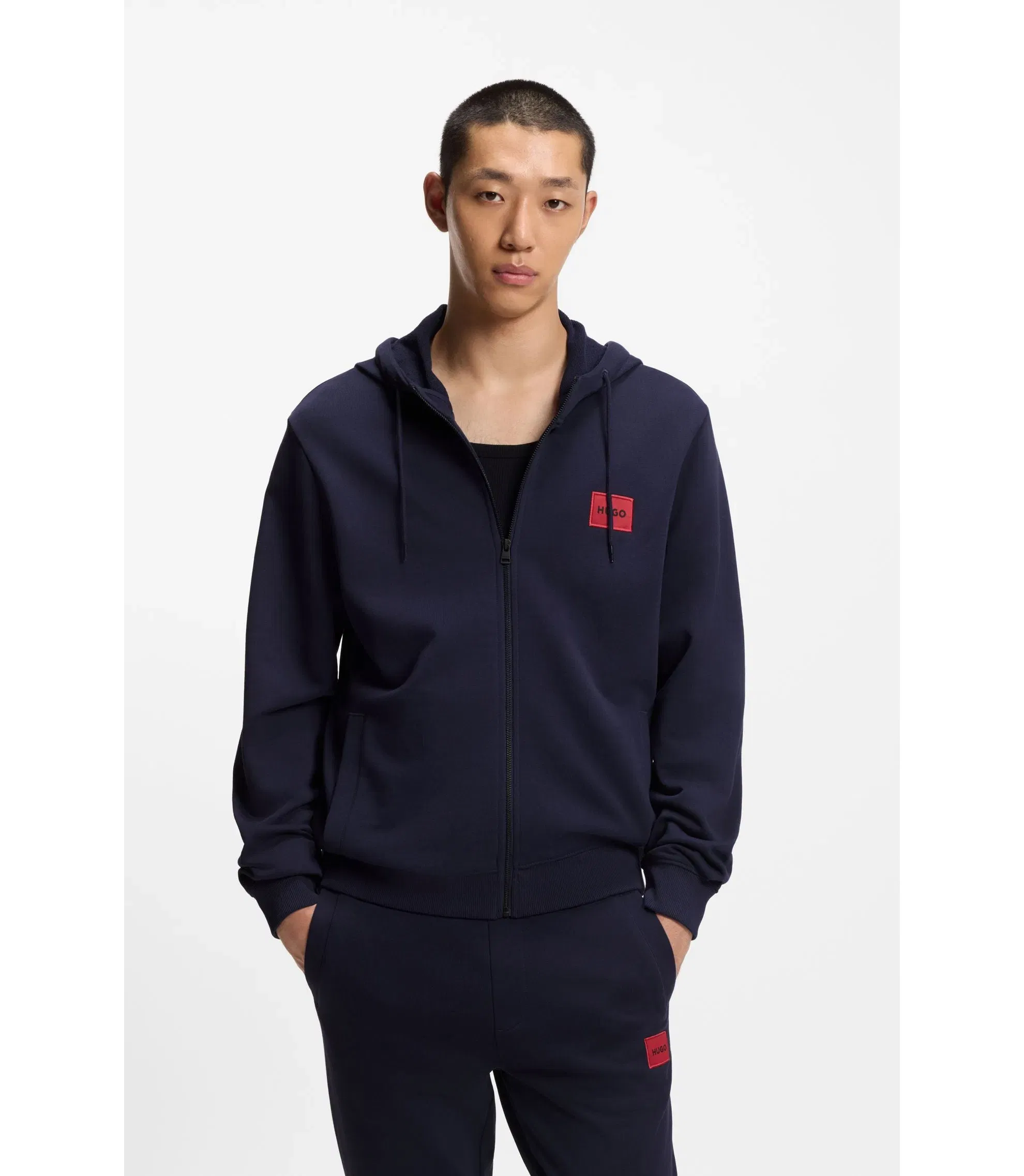 Hugo Cotton Terry Zip Up Hoodie With Logo Label Dark Blue