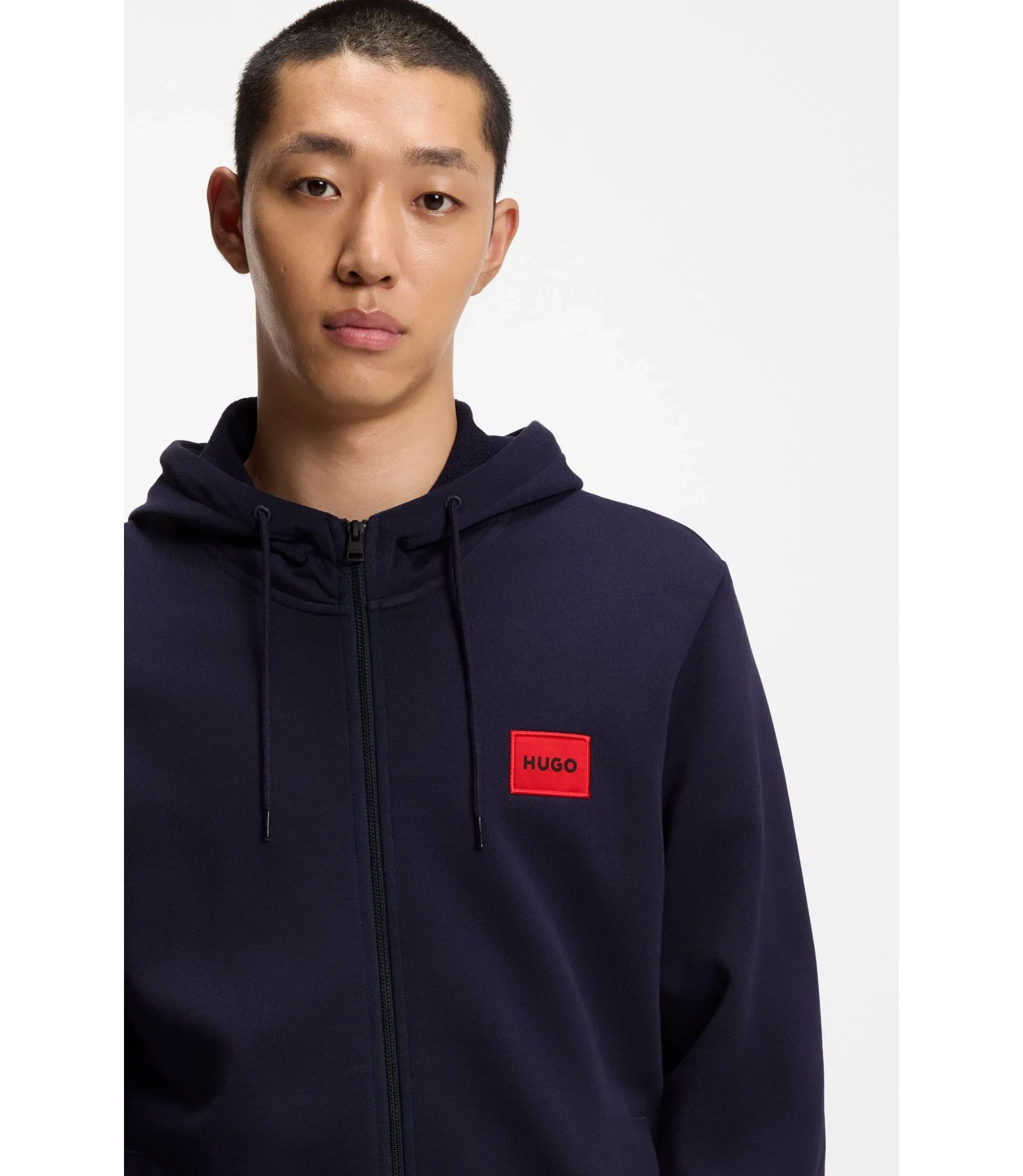 Hugo Cotton Terry Zip Up Hoodie With Logo Label Dark Blue