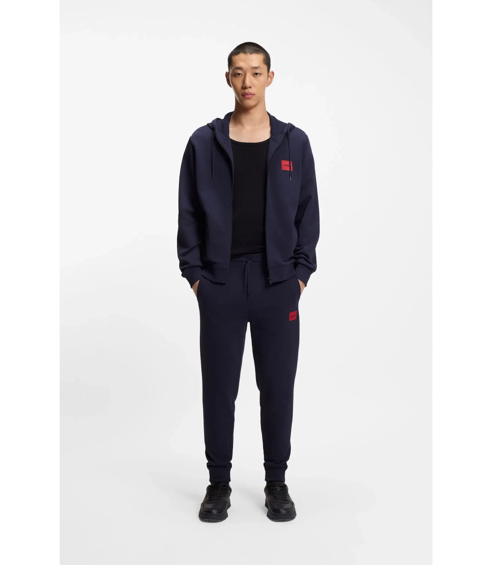 Hugo Cotton Terry Zip Up Hoodie With Logo Label Dark Blue