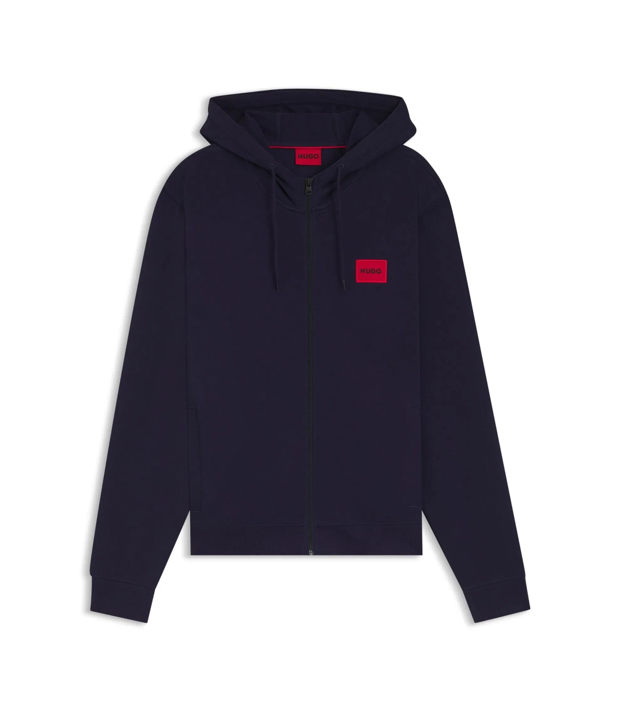 Hugo Cotton Terry Zip Up Hoodie With Logo Label Dark Blue