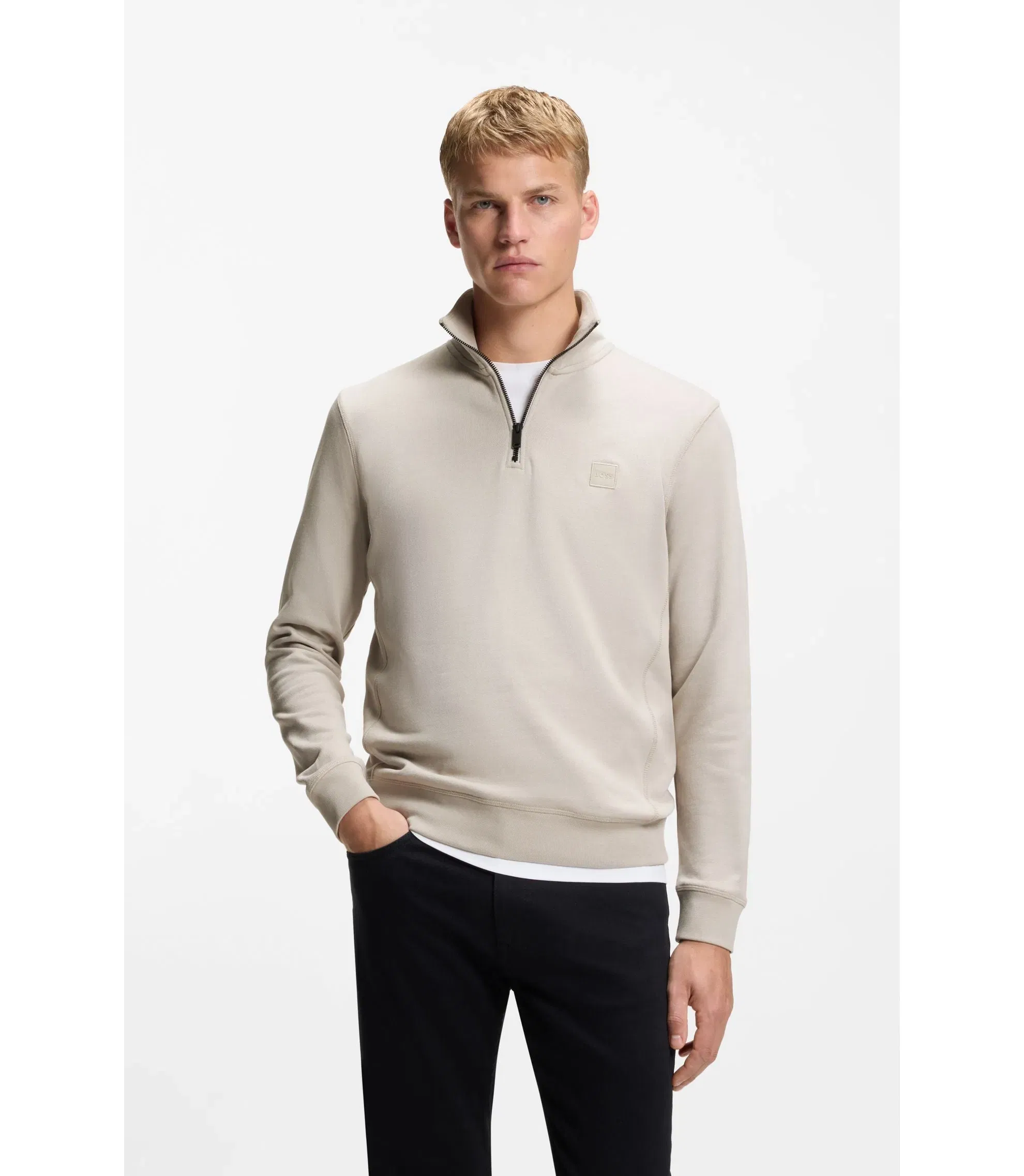 Boss Cotton Terry Sweatshirt With Zipper Collar Light Grey
