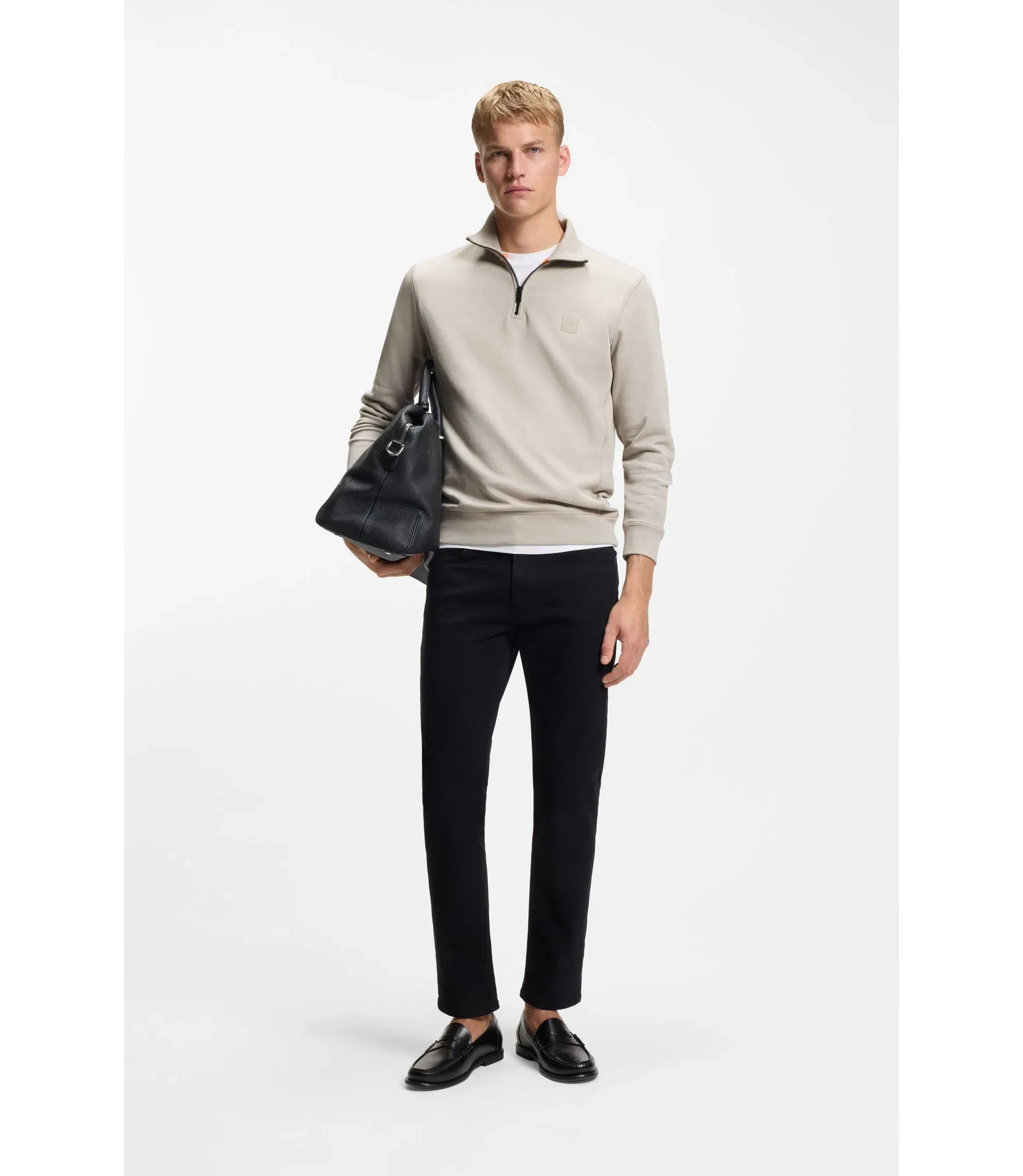 Boss Cotton Terry Sweatshirt With Zipper Collar Light Grey