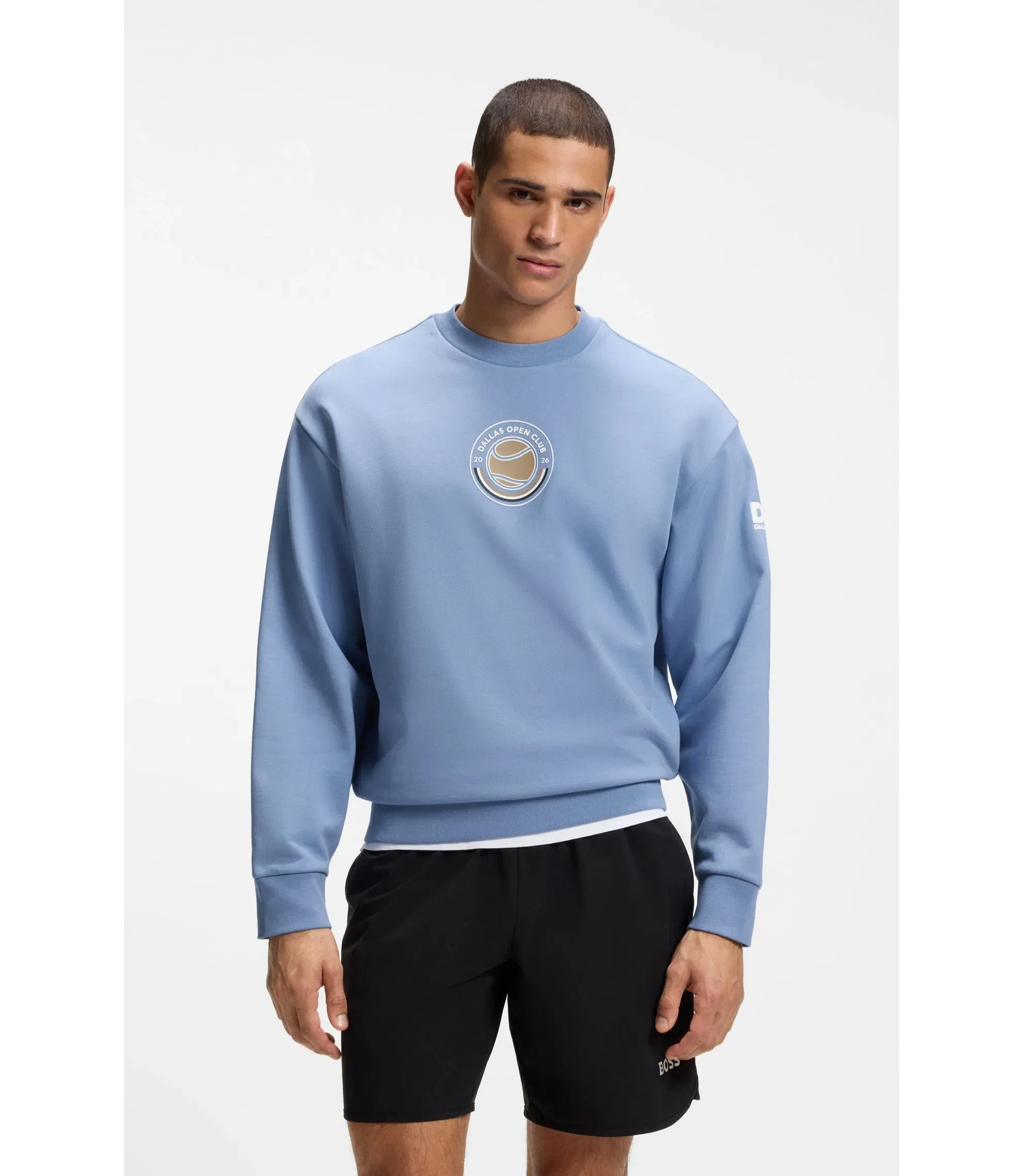 Boss Cotton Terry Sweatshirt With Tennis Artwork Light Blue