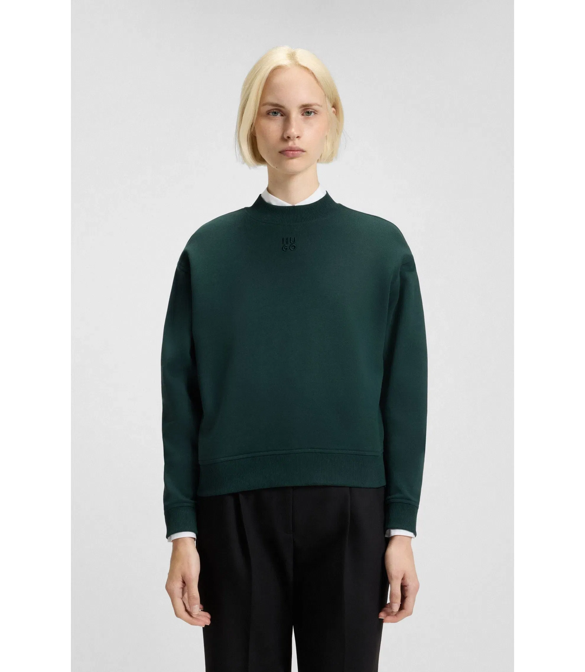 Hugo Cotton Terry Sweatshirt With Stacked Logo Embroidery Dark Green Women's