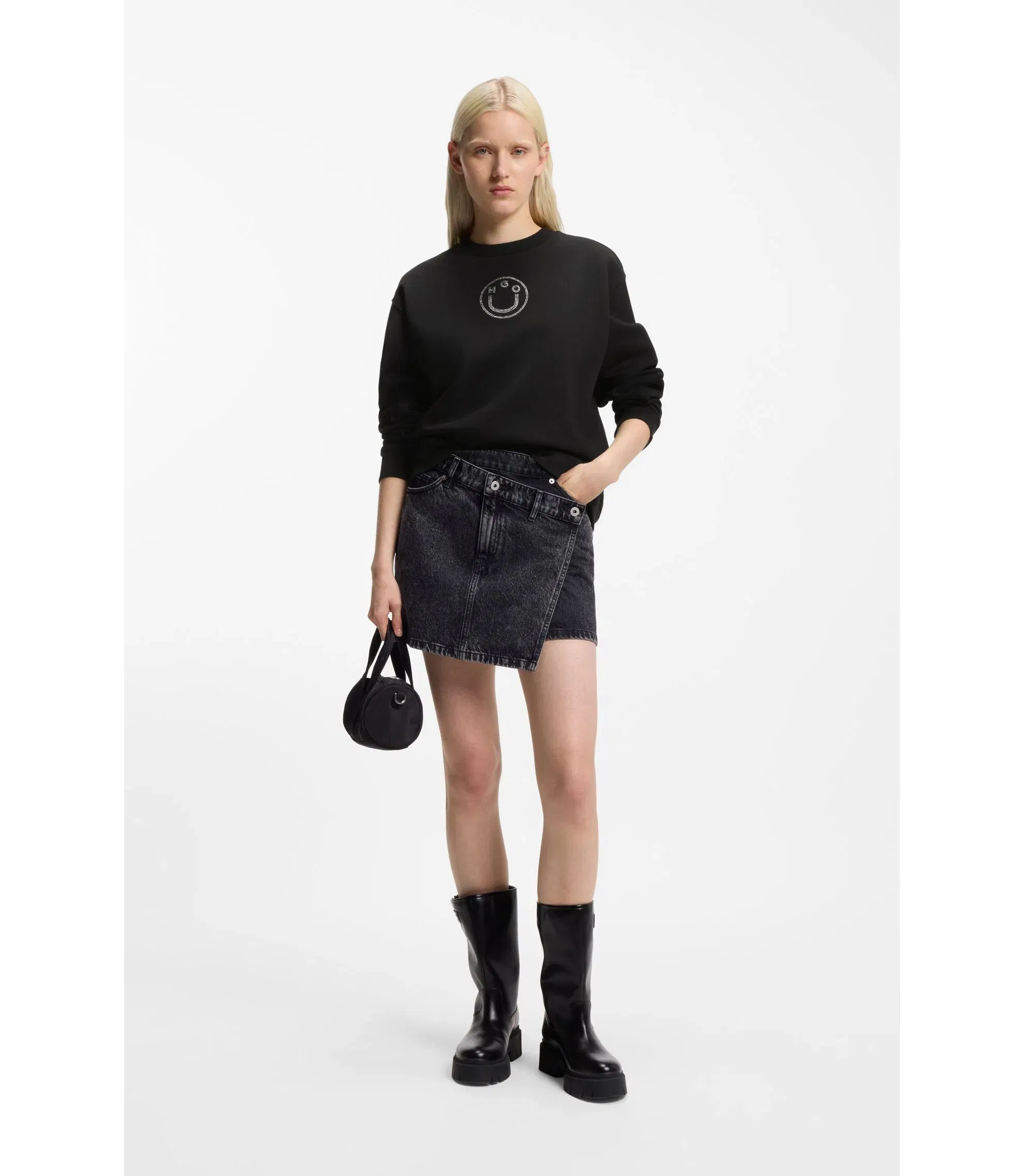 Hugo Cotton Sweatshirt With Rhinestone Happy Hugo Black Women's