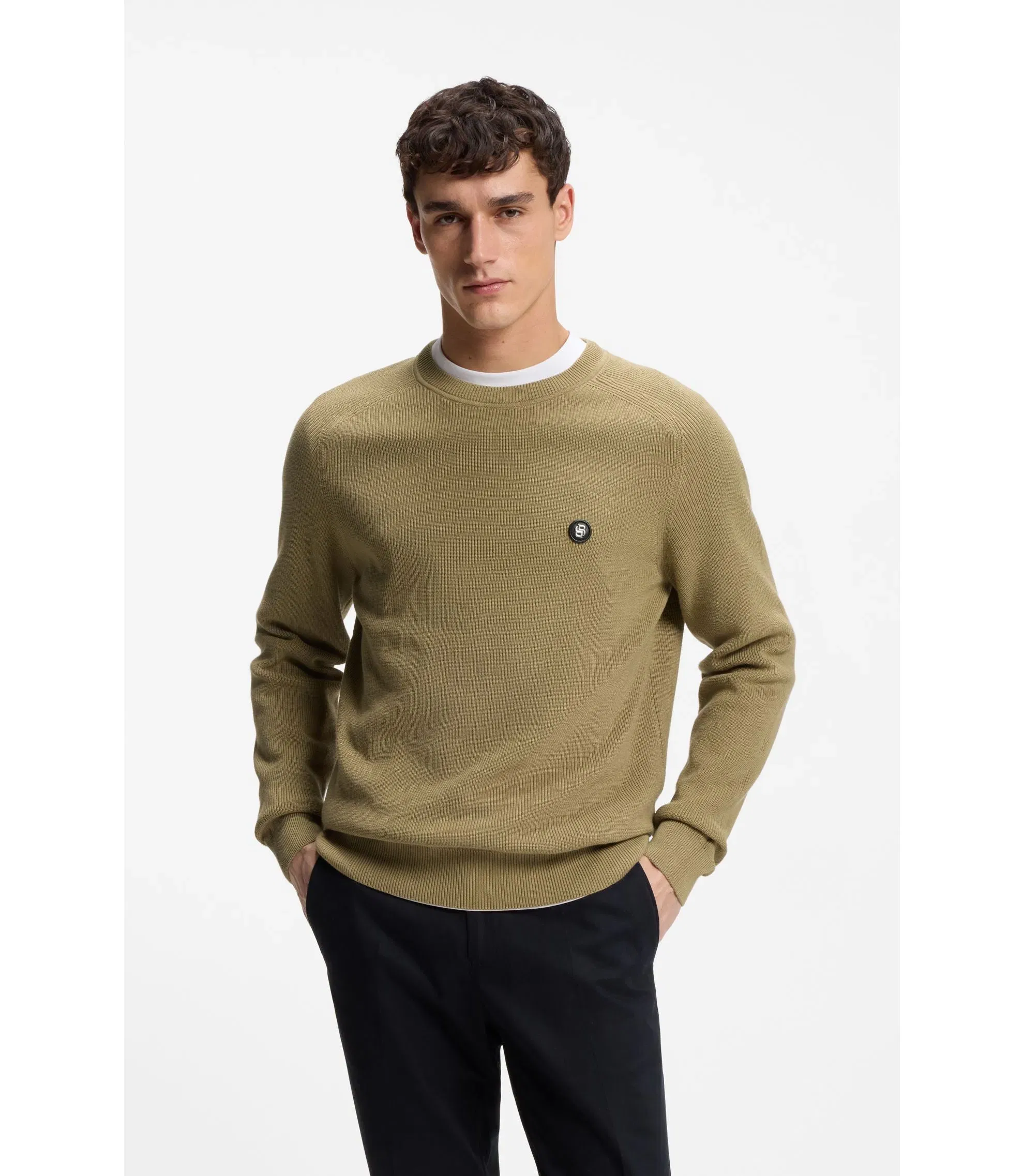 Boss Cotton Sweater With Double B Monogram Khaki
