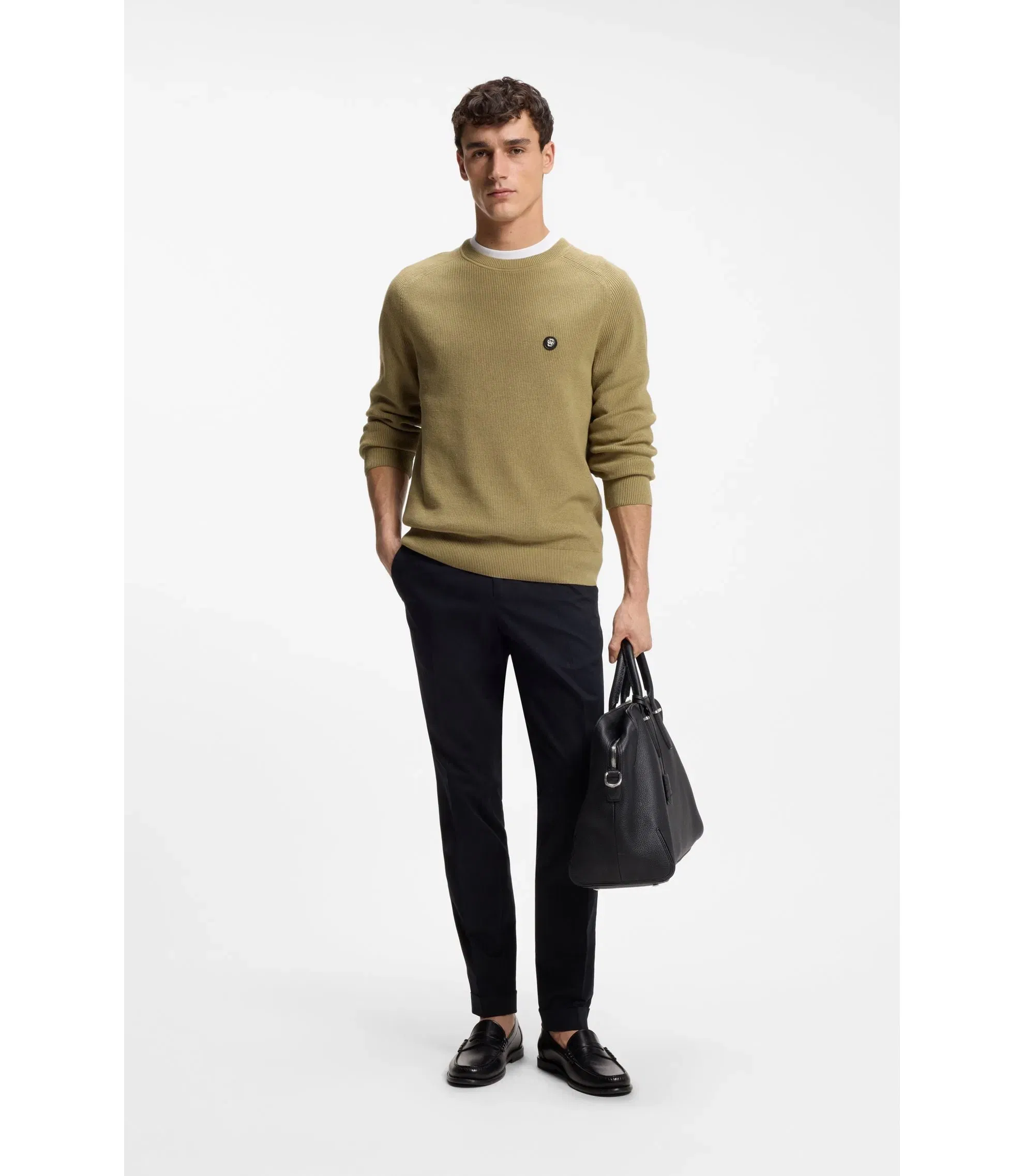 Boss Cotton Sweater With Double B Monogram Khaki