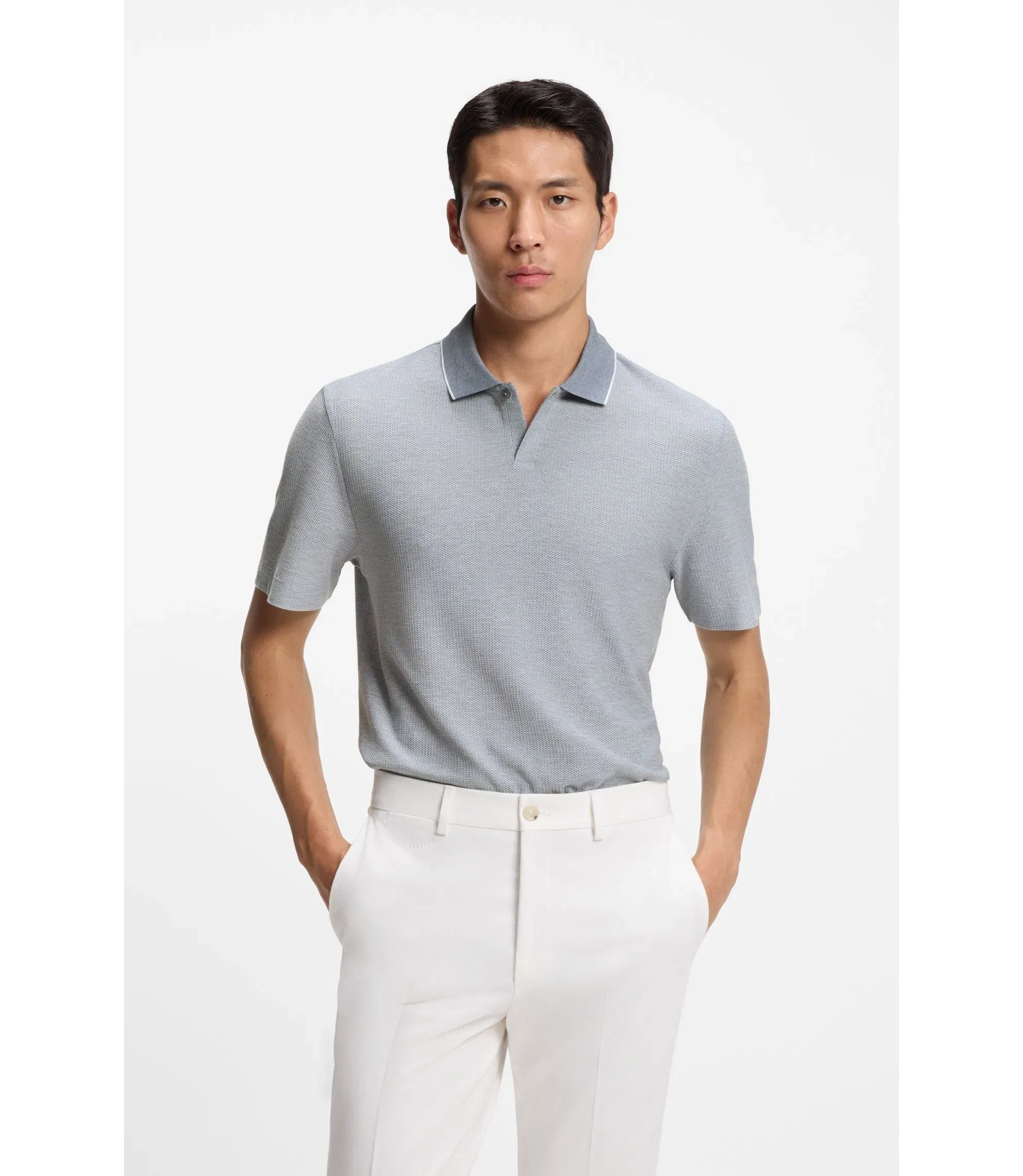 Boss Cotton Silk Polo Shirt With Three Tone Structure Light Blue