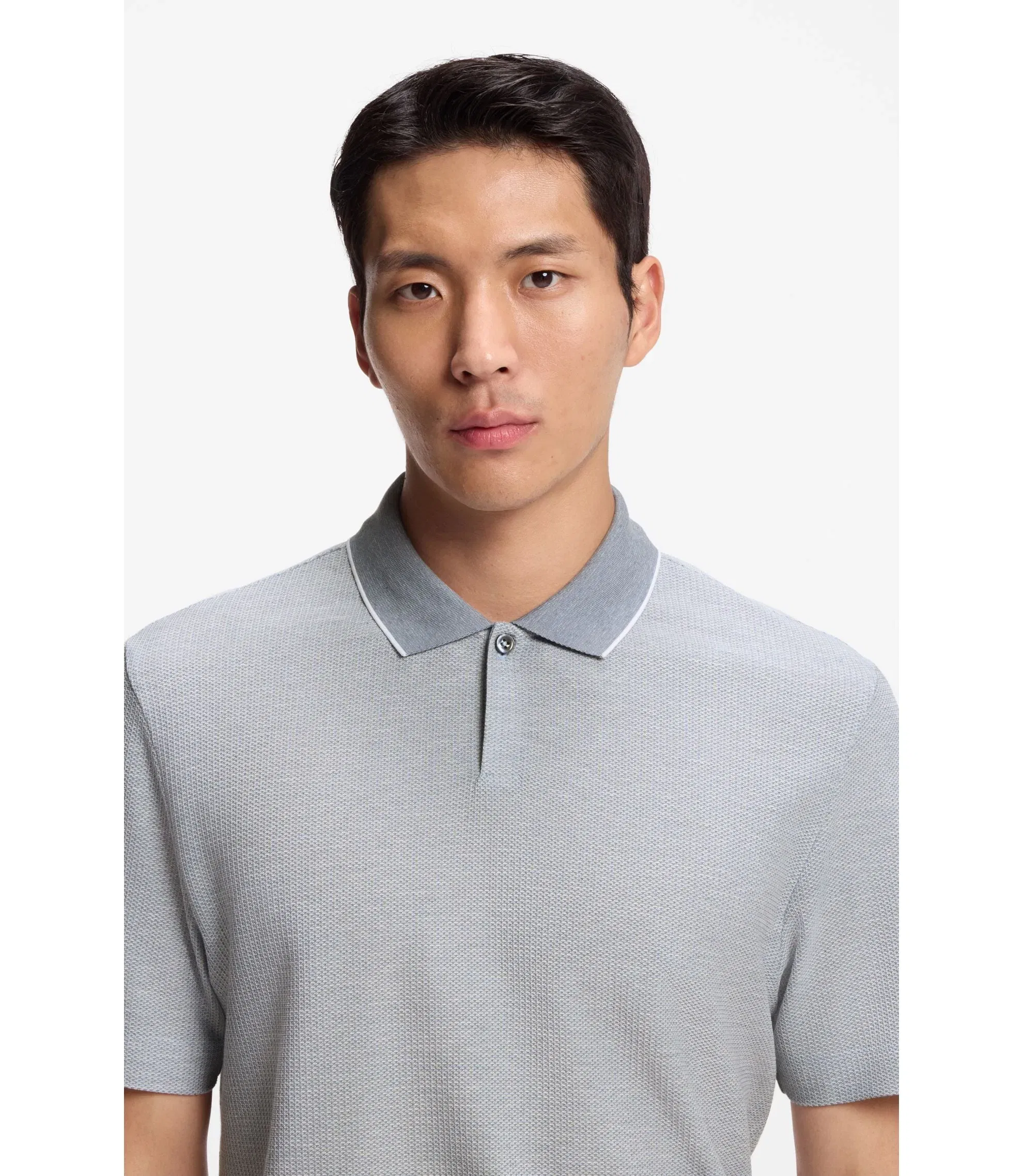 Boss Cotton Silk Polo Shirt With Three Tone Structure Light Blue