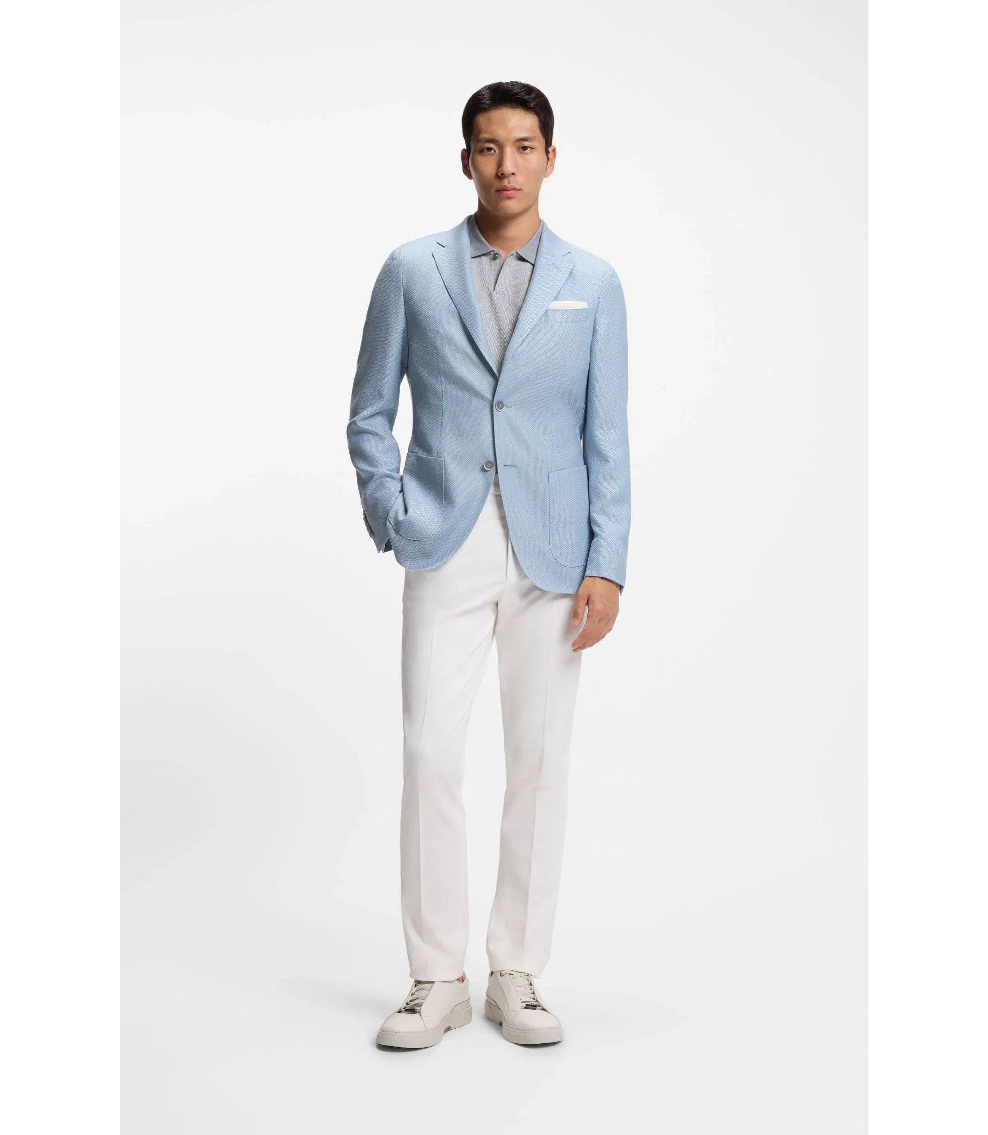 Boss Cotton Silk Polo Shirt With Three Tone Structure Light Blue