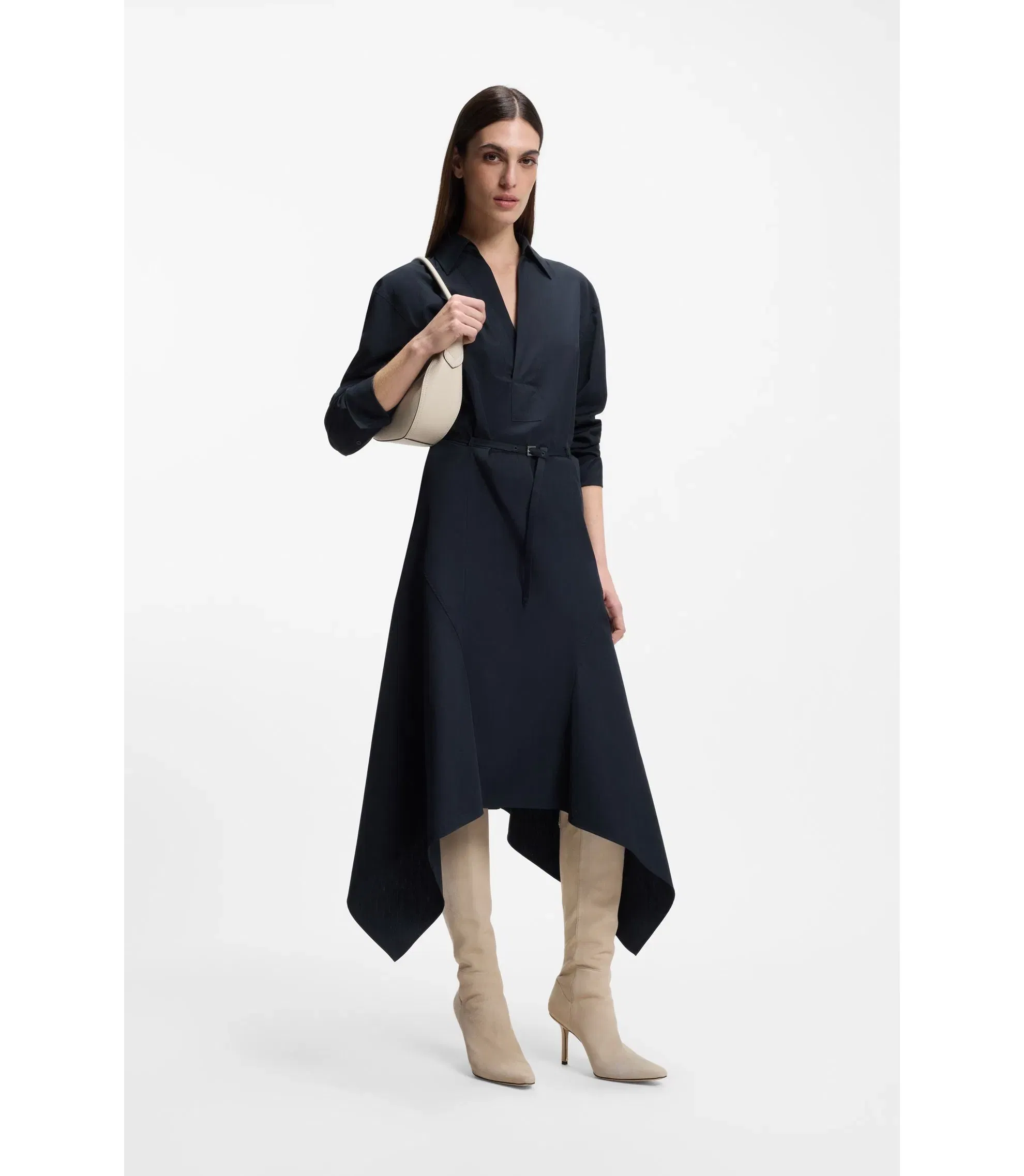 Boss Cotton Poplin Shirt Dress With Belt Dark Blue Women's