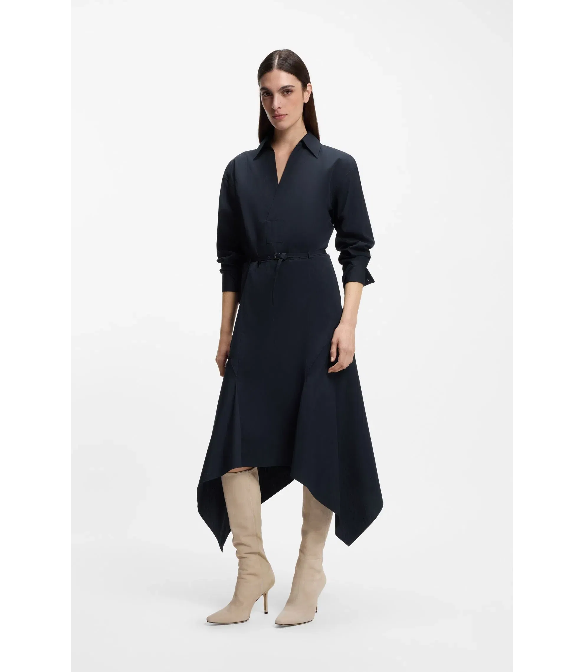 Boss Cotton Poplin Shirt Dress With Belt Dark Blue Women's