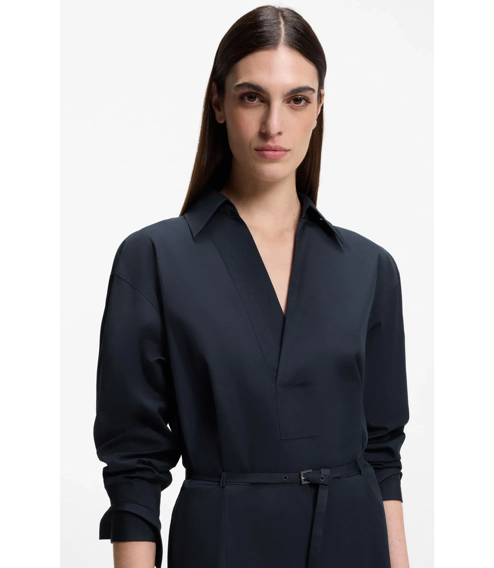 Boss Cotton Poplin Shirt Dress With Belt Dark Blue Women's